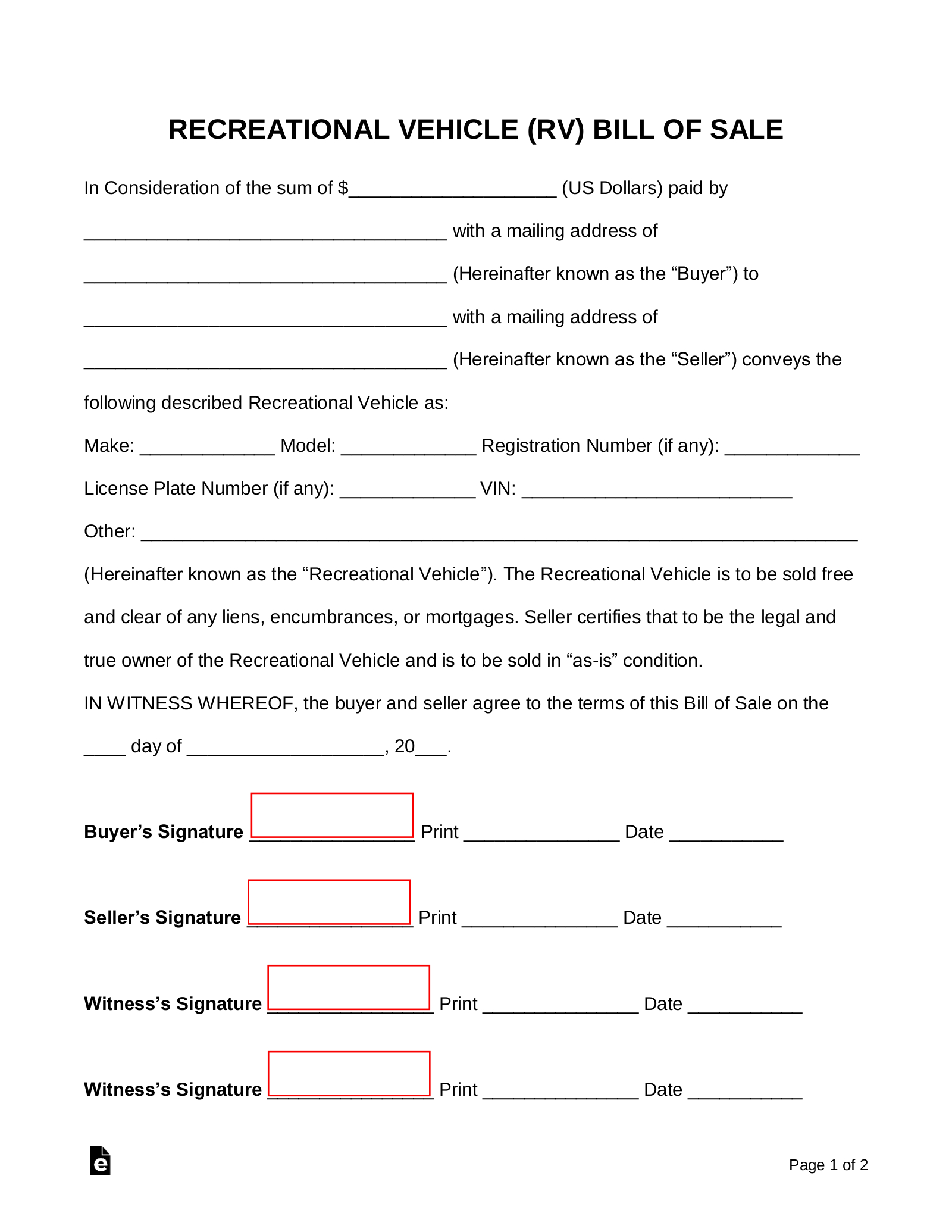 Free Recreational Vehicle (Rv) Bill Of Sale Form - Pdf | Word – Eforms intended for Rv Bill Of Sale Printable