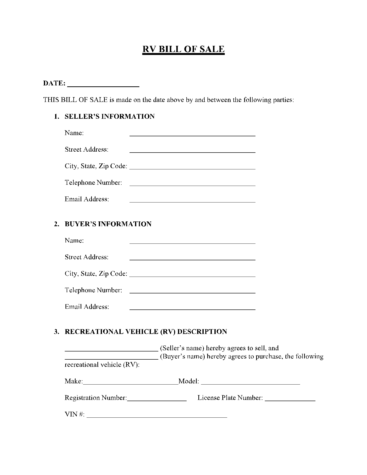 Free Recreational Vehicle (Rv) Bill Of Sale Template | Cocosign with regard to Rv Bill Of Sale Printable