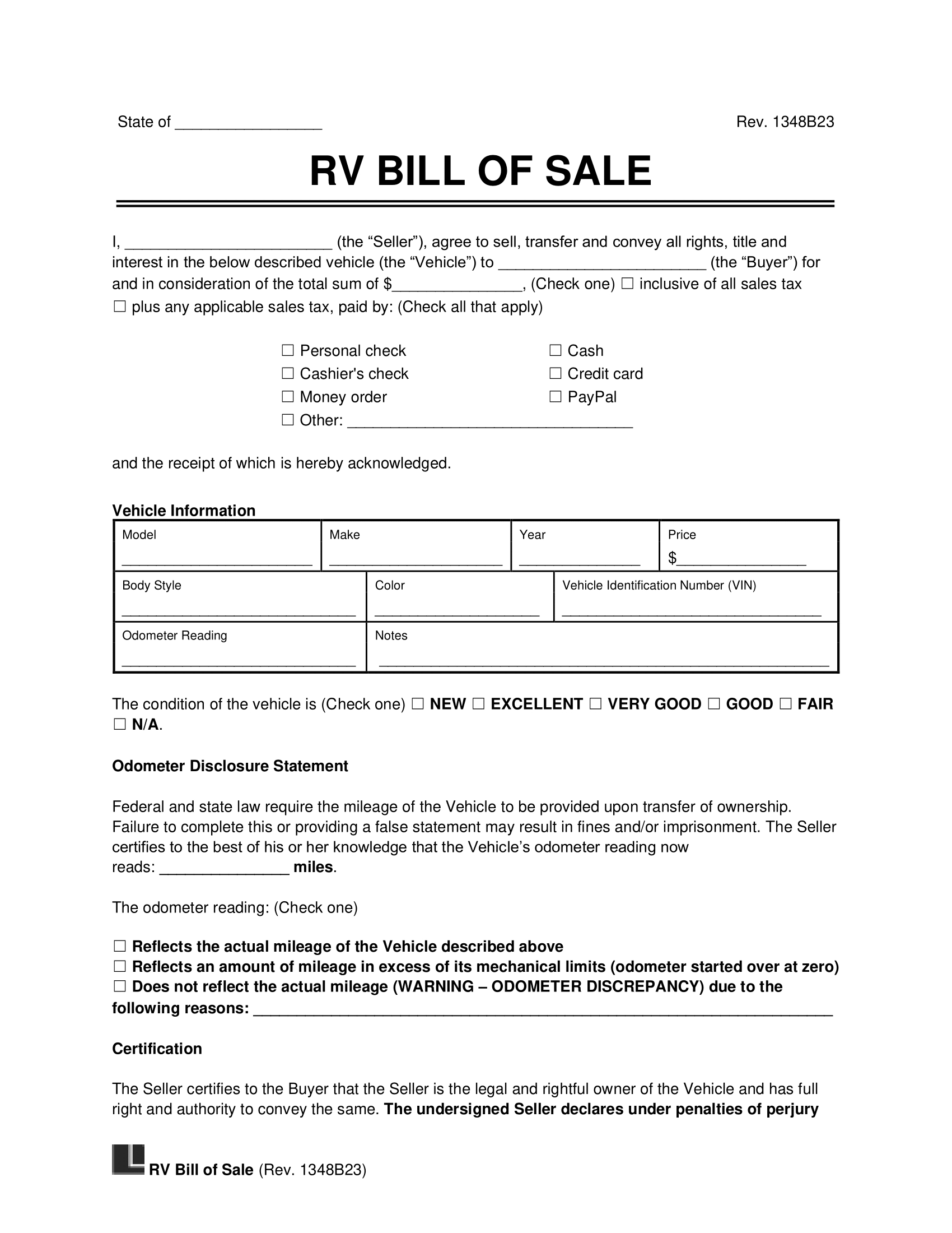 Free Recreational Vehicle (Rv) Bill Of Sale Template | Pdf & Word intended for Rv Bill of Sale Printable