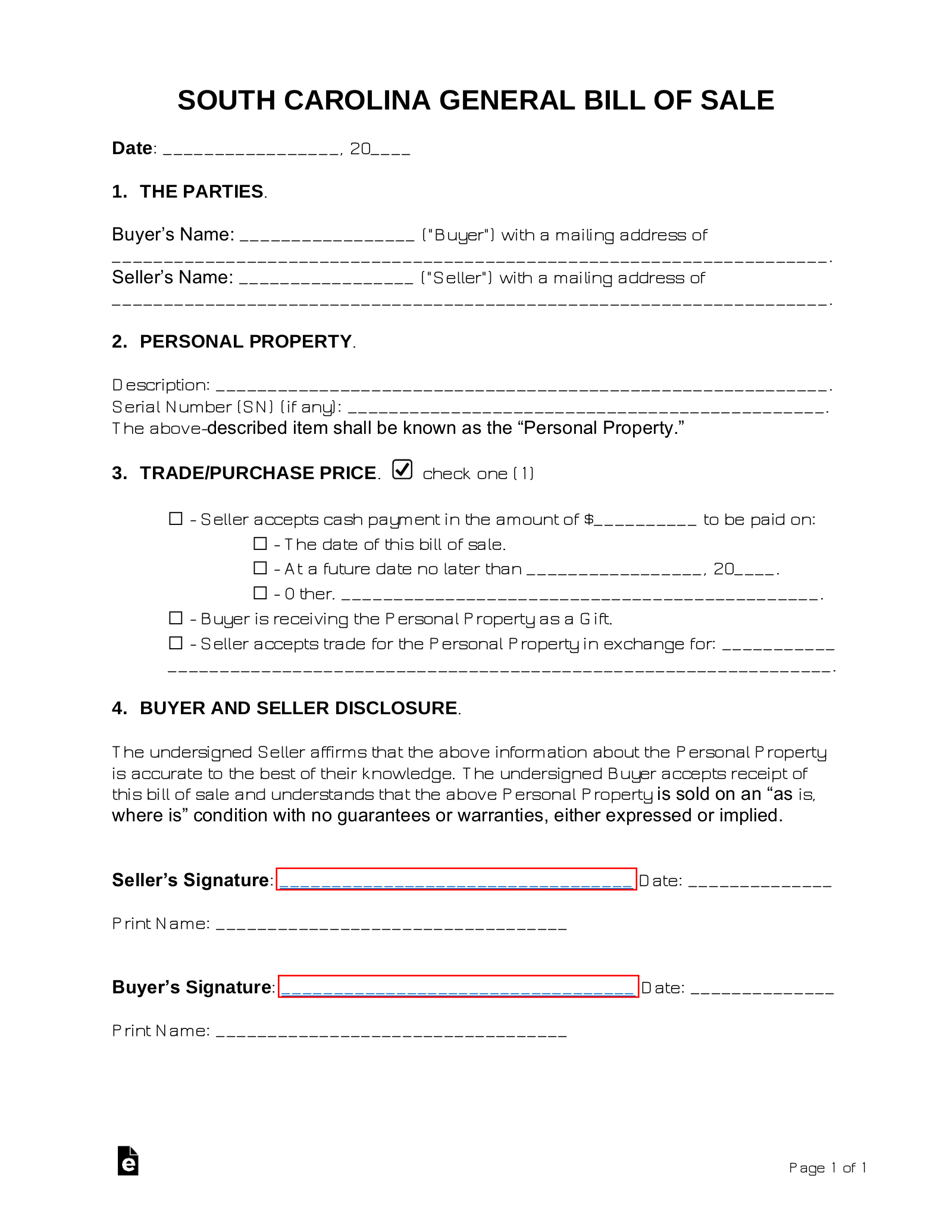 Free South Carolina General Bill Of Sale Form - Pdf | Word – Eforms intended for Sc Bill Of Sale Printable