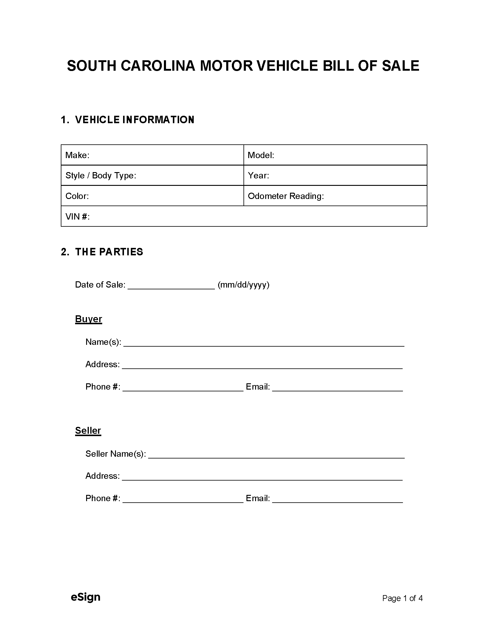 Free South Carolina Motor Vehicle Bill Of Sale Form | Pdf | Word within Sc Bill Of Sale Printable