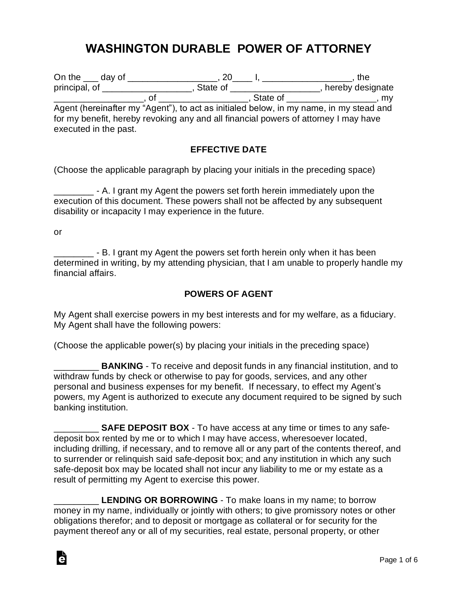 Free Washington Durable (Financial) Power Of Attorney Form - Pdf in Washington State Durable Power Of Attorney Form Printable Word Document