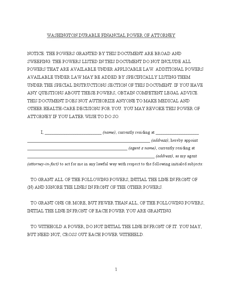 Free Washington Durable Power Of Attorney Form For Finances | Formspal pertaining to Washington State Durable Power of Attorney Form Printable Word Document