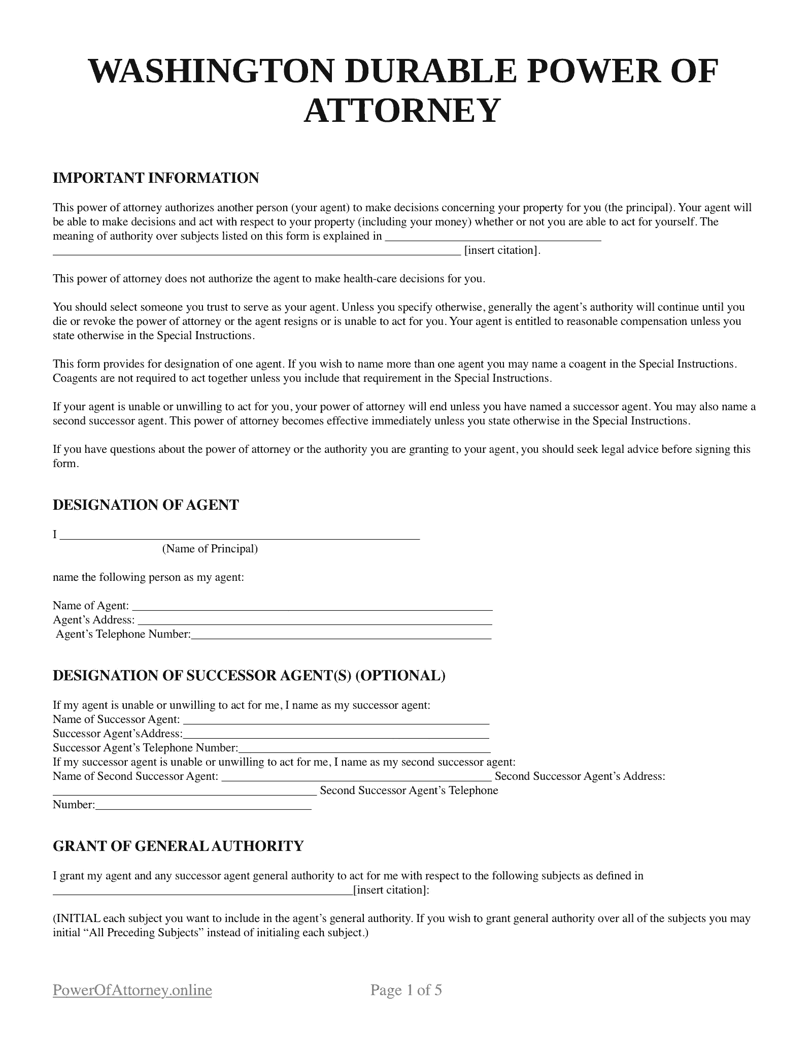 Free Washington (Wa) Durable Power Of Attorney Forms & Templates | Pdf with regard to Washington State Durable Power Of Attorney Form Printable Word Document