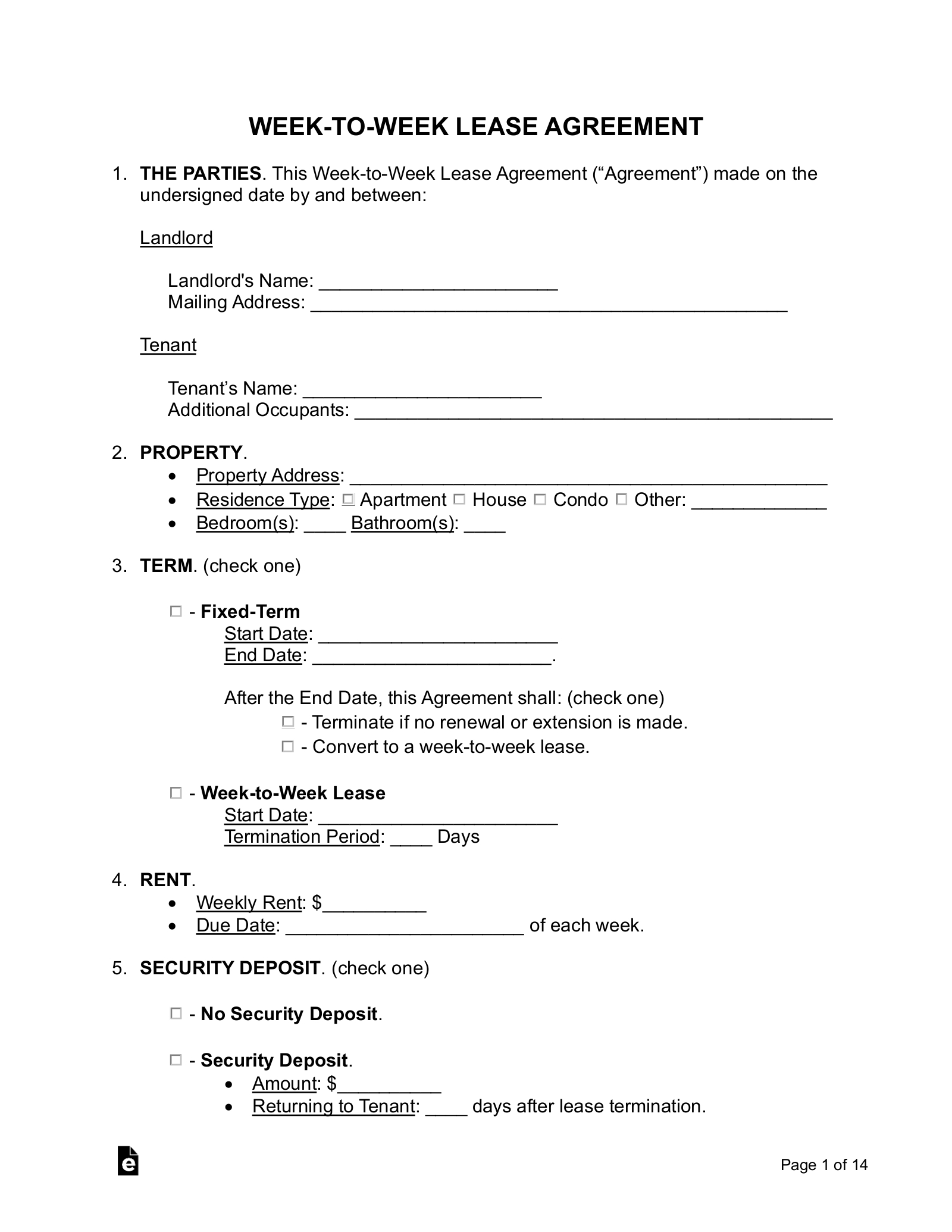 Free Week-To-Week (Weekly) Lease Agreement Template - Pdf | Word intended for Free Printable Renters Agreement Form