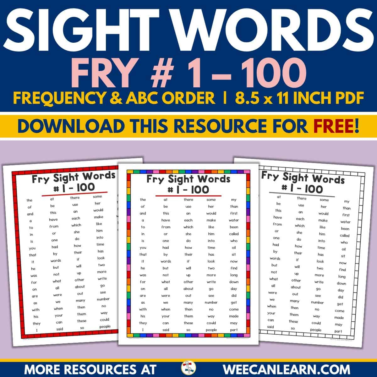 Fry Sight Word List #1-100 (Alphabetical, Frequency) [Free Download!] regarding Fry Sight Word List Printable