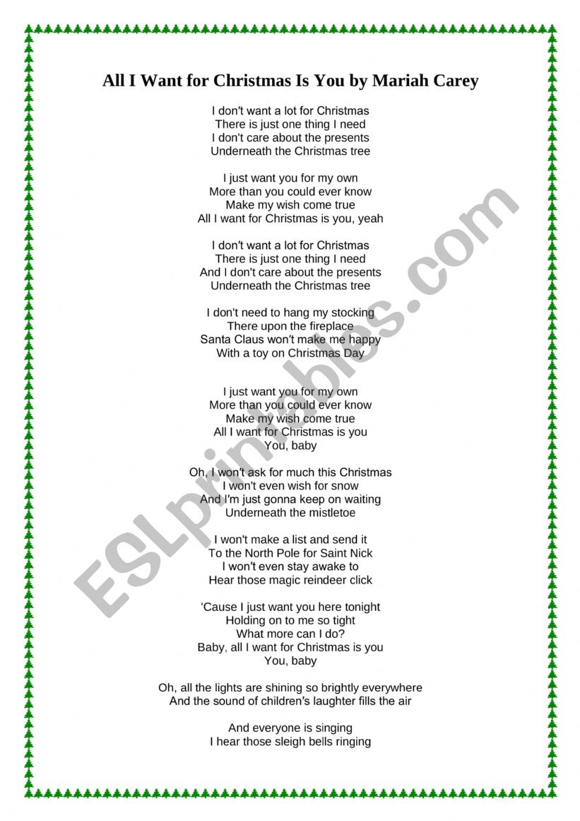 Gapped Songtext - All I Want For Christmasmariah Carey - Esl within All I Want For Christmas Is You Printable Lyrics