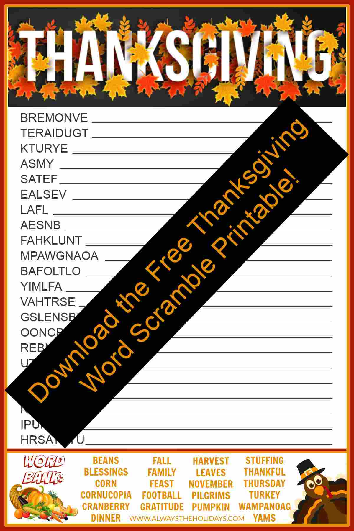 Get A Free Printable Thanksgiving Word Scramble With Answers inside Thanksgiving Word Scramble Free Printable