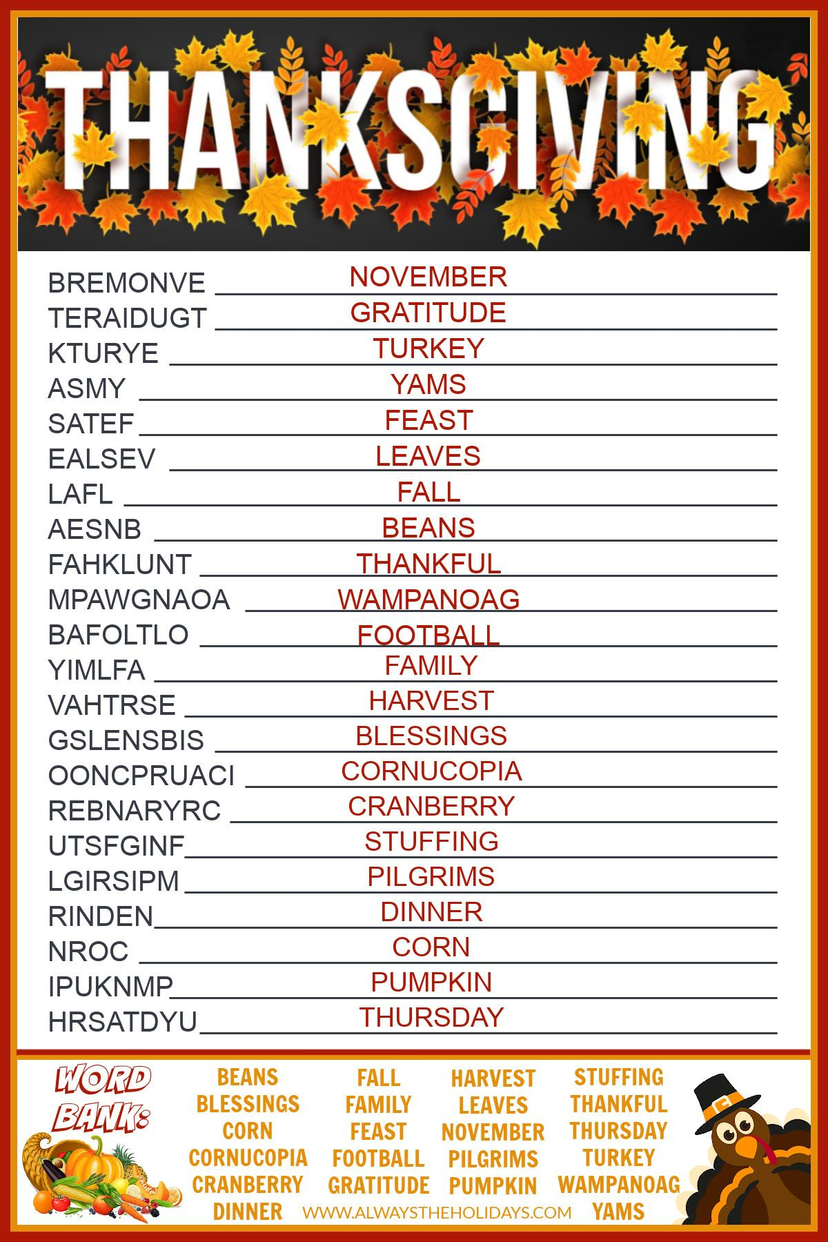 Get A Free Printable Thanksgiving Word Scramble With Answers with regard to Thanksgiving Word Scramble Free Printable