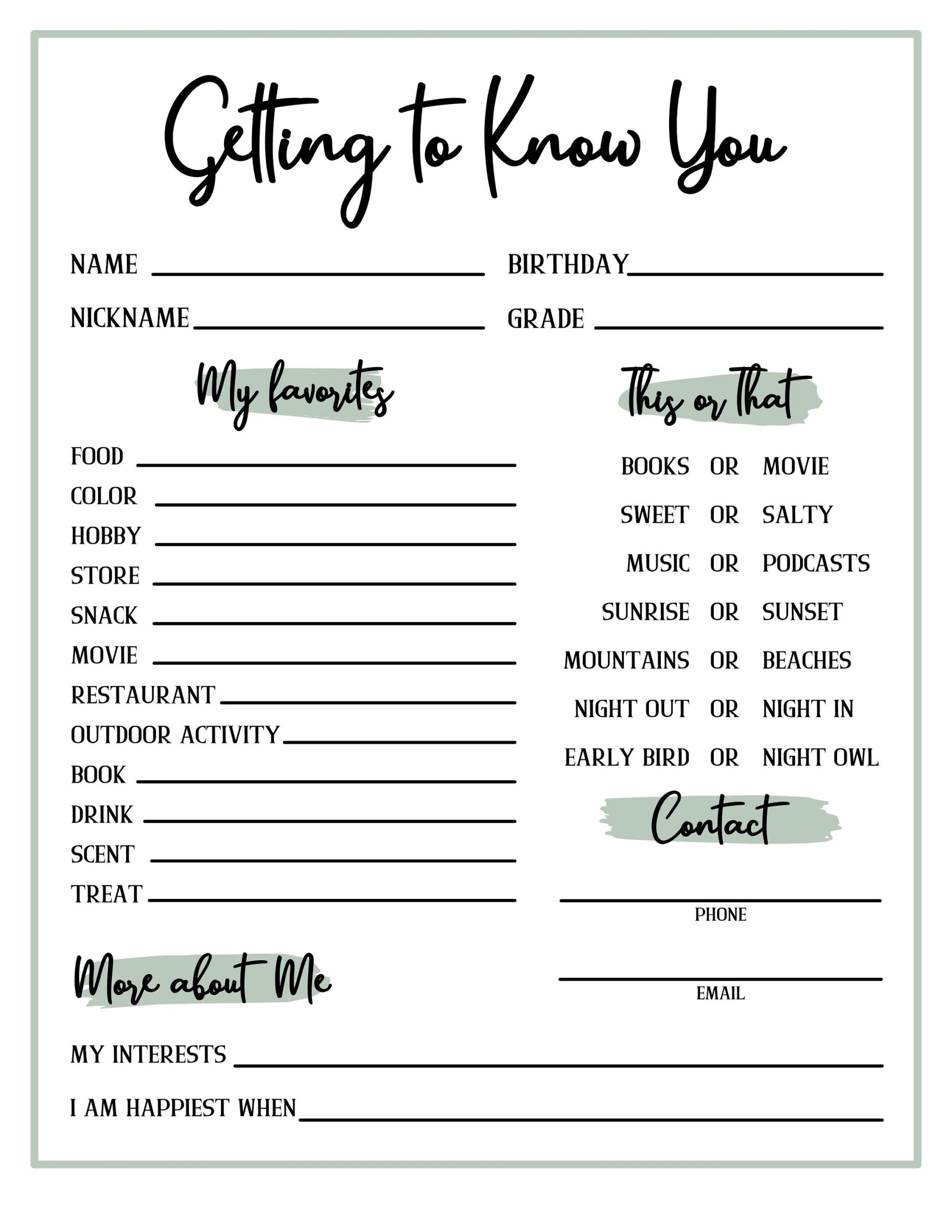 Get To Know You, Getting To Know You Page, Get To Know You with Get To Know You Worksheet Free Printable