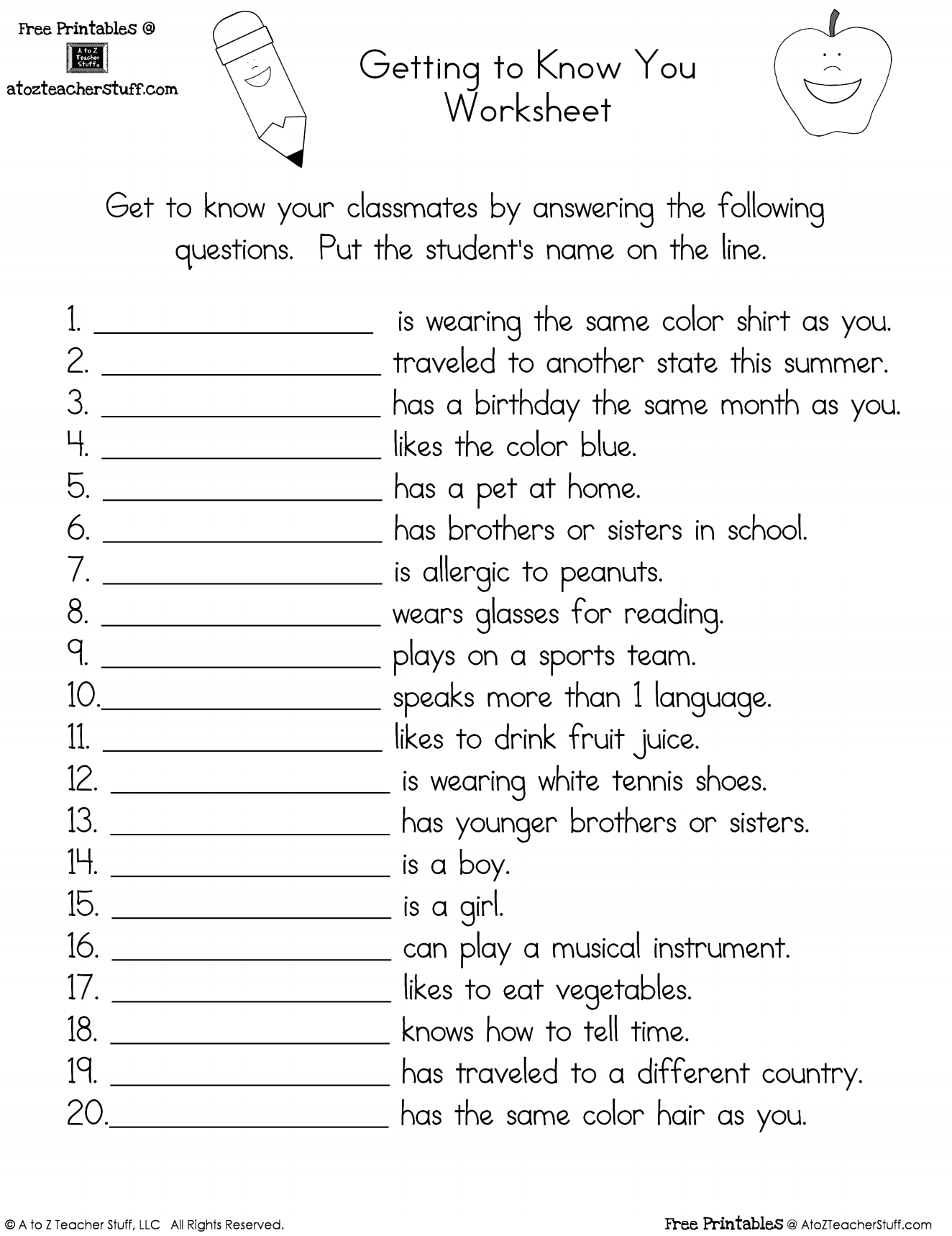Getting To Know You Worksheet | A To Z Teacher Stuff Printable for Get To Know You Worksheet Free Printable