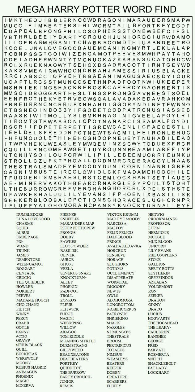 Harry Potter Word Search with Super Hard Word Search Printable