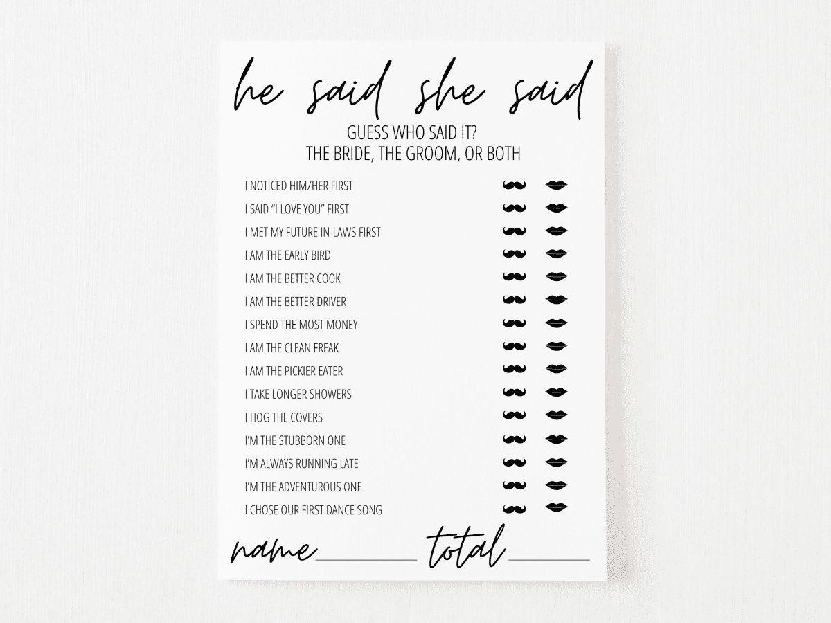 He Said She Said Bridal Shower Game Free Printable | Modern Moh in Free Printable He Said She Said Bridal Shower Game