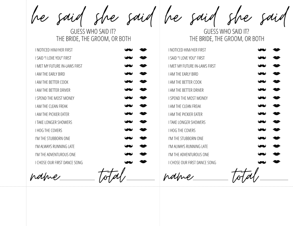 He Said She Said Bridal Shower Game Free Printable | Modern Moh throughout Free Printable He Said She Said Bridal Shower Game