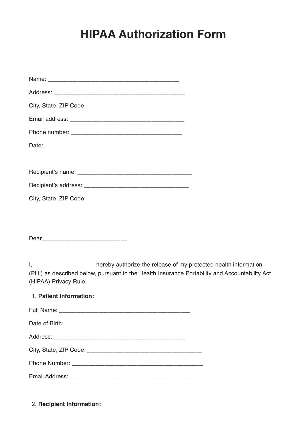 Hipaa Authorization Form with Printable Hipaa Forms For Patients