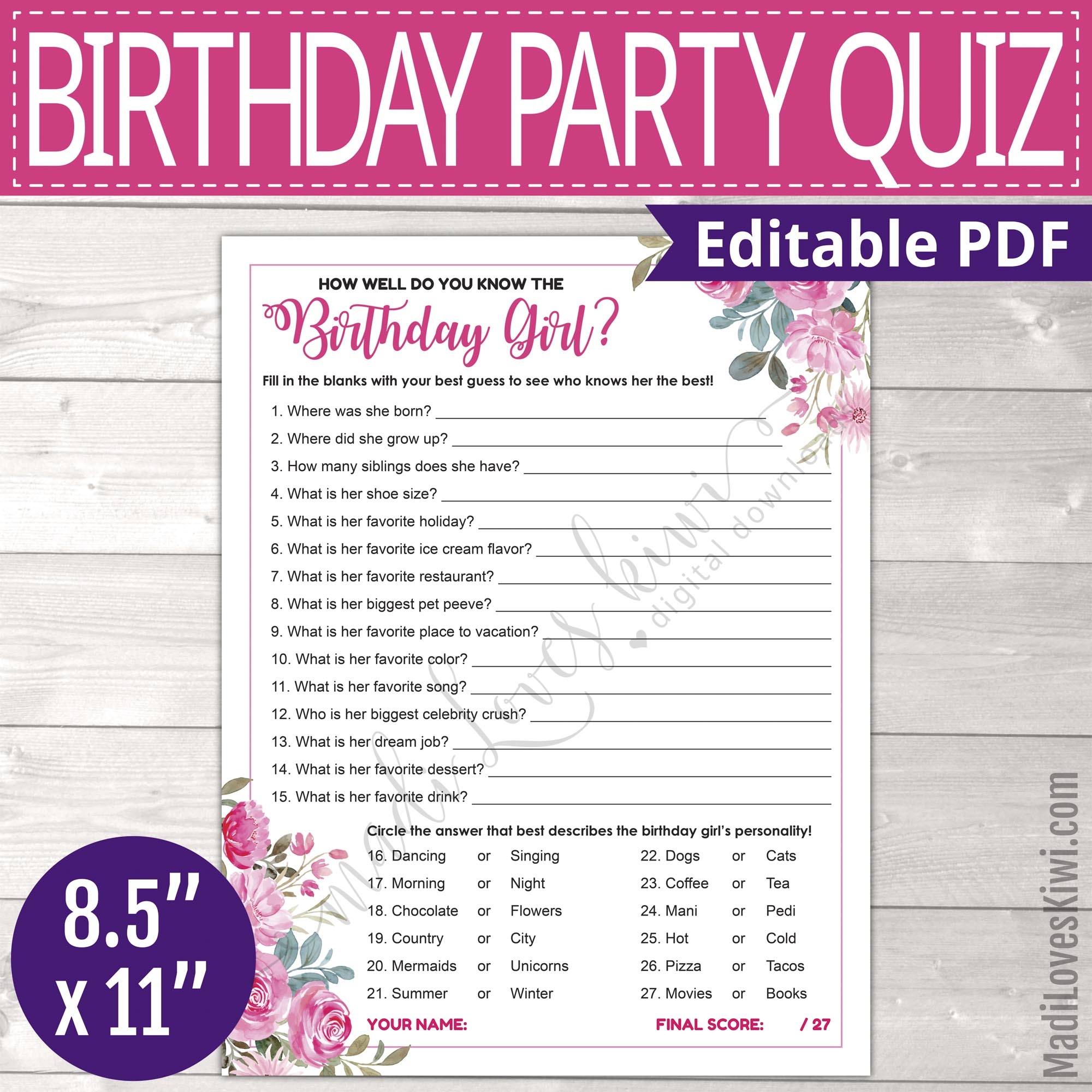 How Well Do You Know The Birthday Girl Quiz Printable, Who Knows Bday Girl Best Party Game with Who Knows the Birthday Girl Best Free Printable