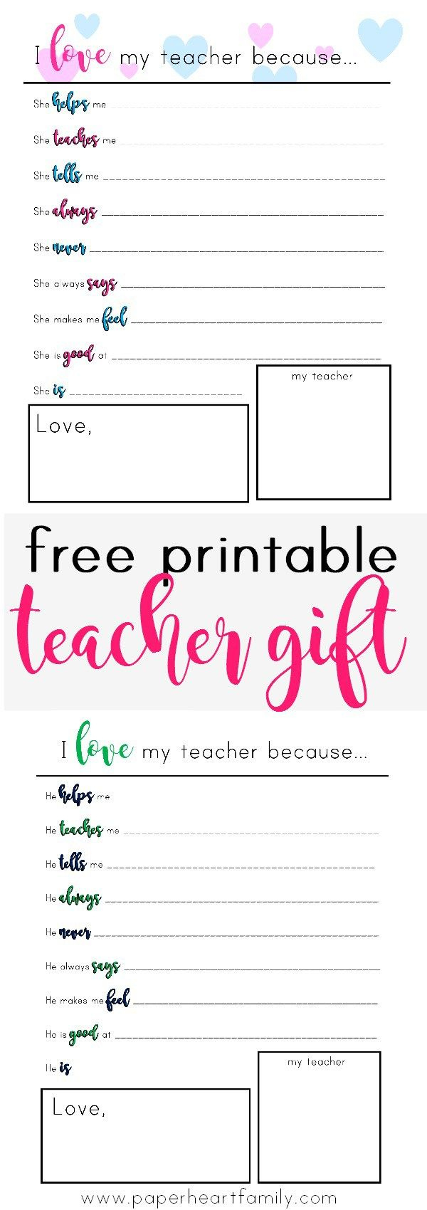 I Love My Teacher Because" Printable Gift for Why I Love My Teacher Printable