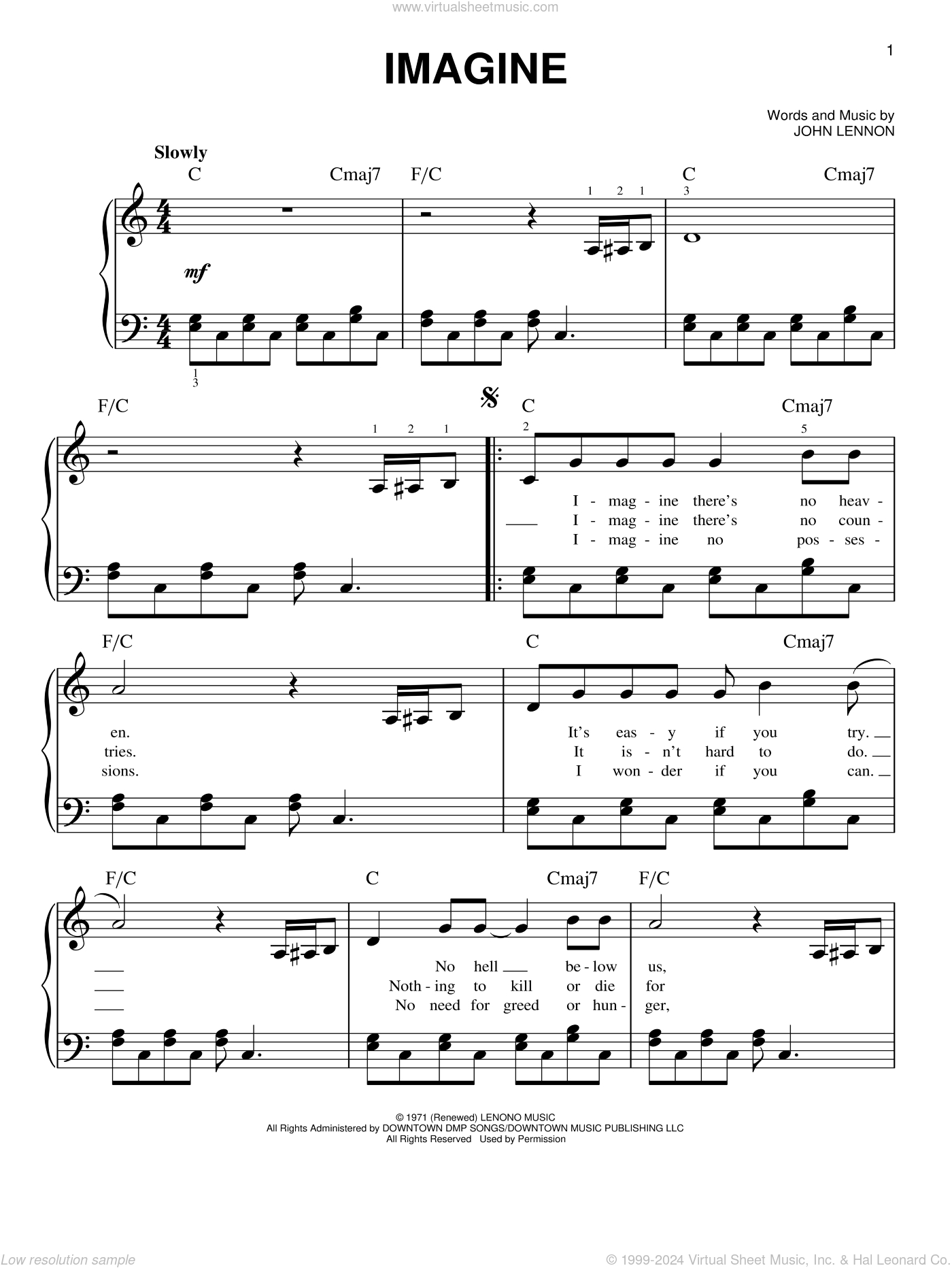 Imagine Sheet Music (Easy Version 2) For Piano Solo (Pdf) with regard to Free Printable Beginner Piano Sheet Music