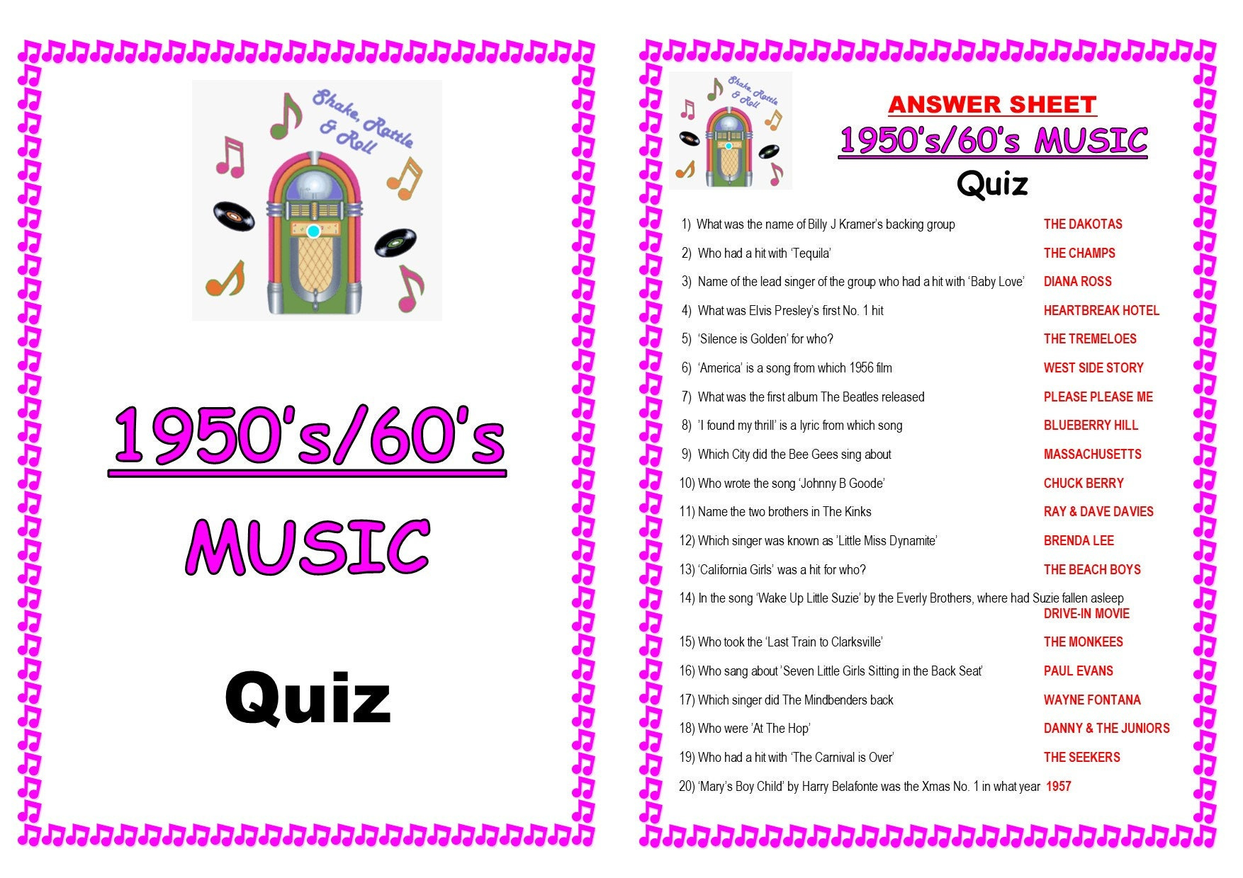 Instant Download Printable Pdf - 1950'S/60'S Music Trivia Quiz throughout 50S And 60S Trivia Questions And Answers Printable