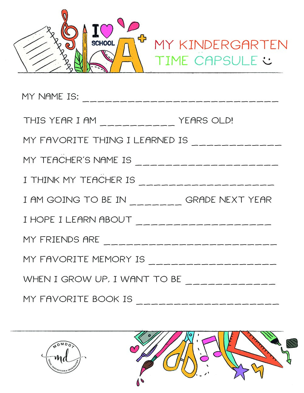 Kindergarten Time Capsule Free Printable - Momdot inside Free Printable Time Capsule Template
