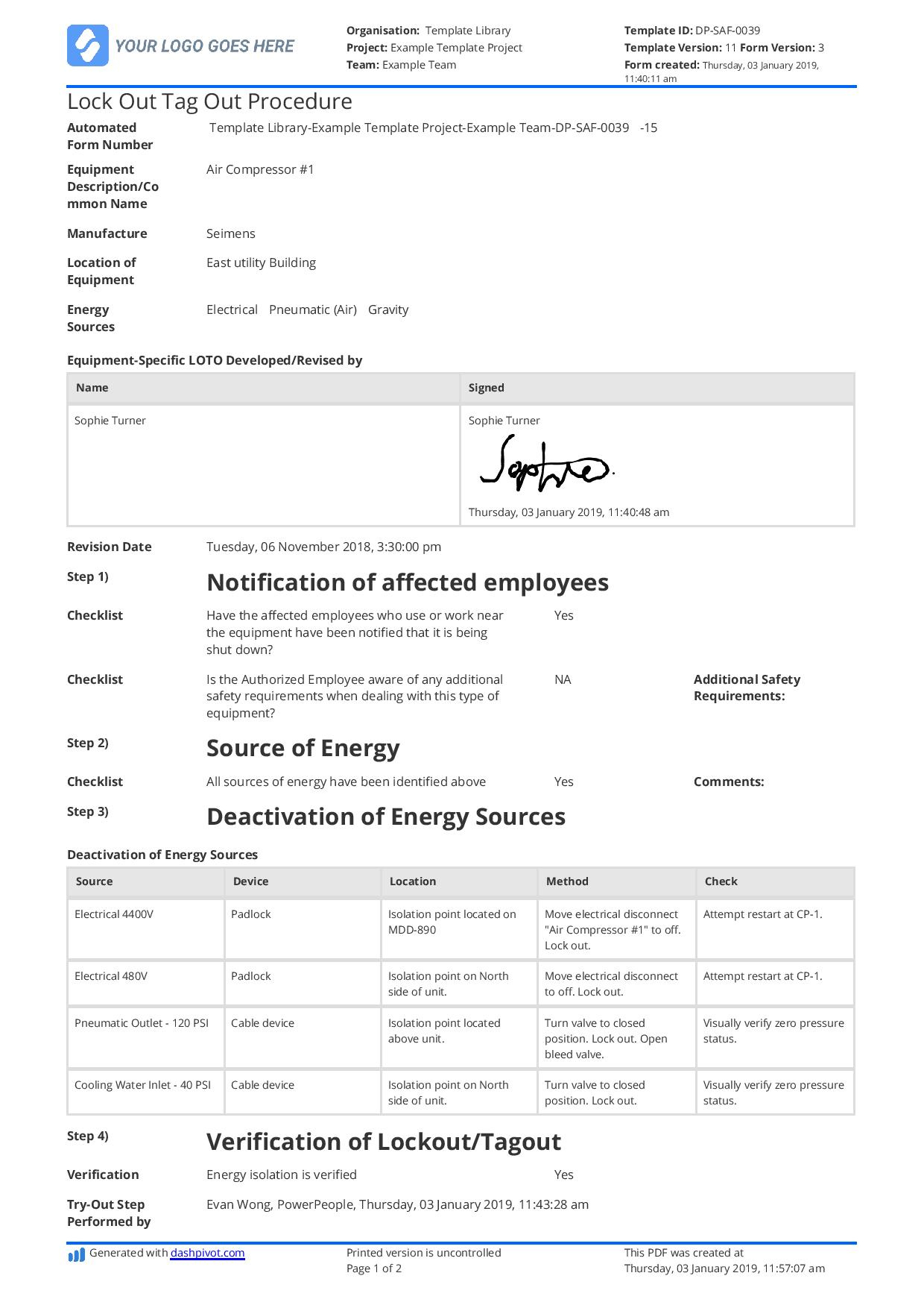 Lock Out Tag Out Procedure Template: Free Checklist Example regarding Printable Lockout Tagout Template Excel