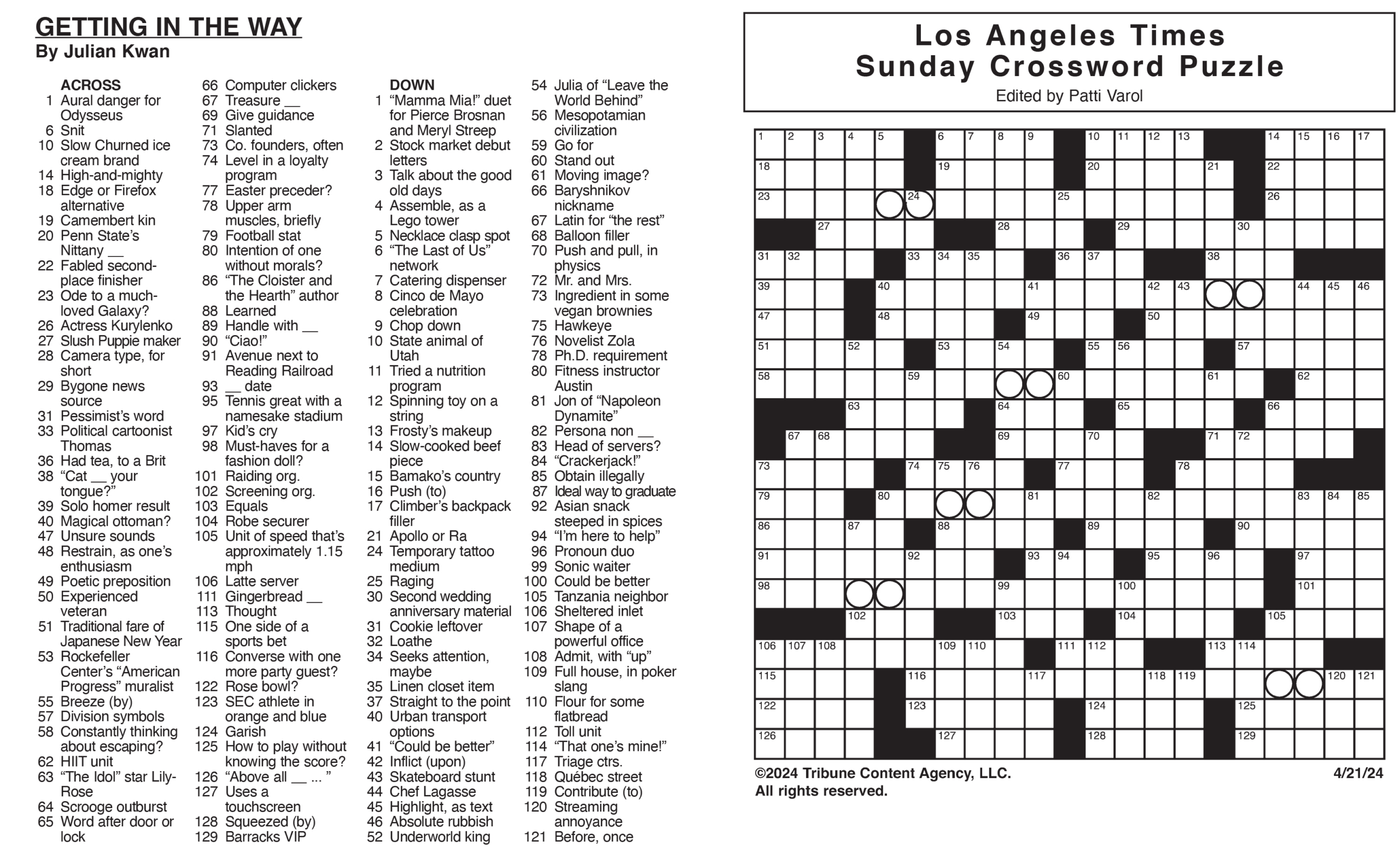 Los Angeles Times Sunday Crossword Puzzle | Tribune Content inside Free La Times Printable Crossword