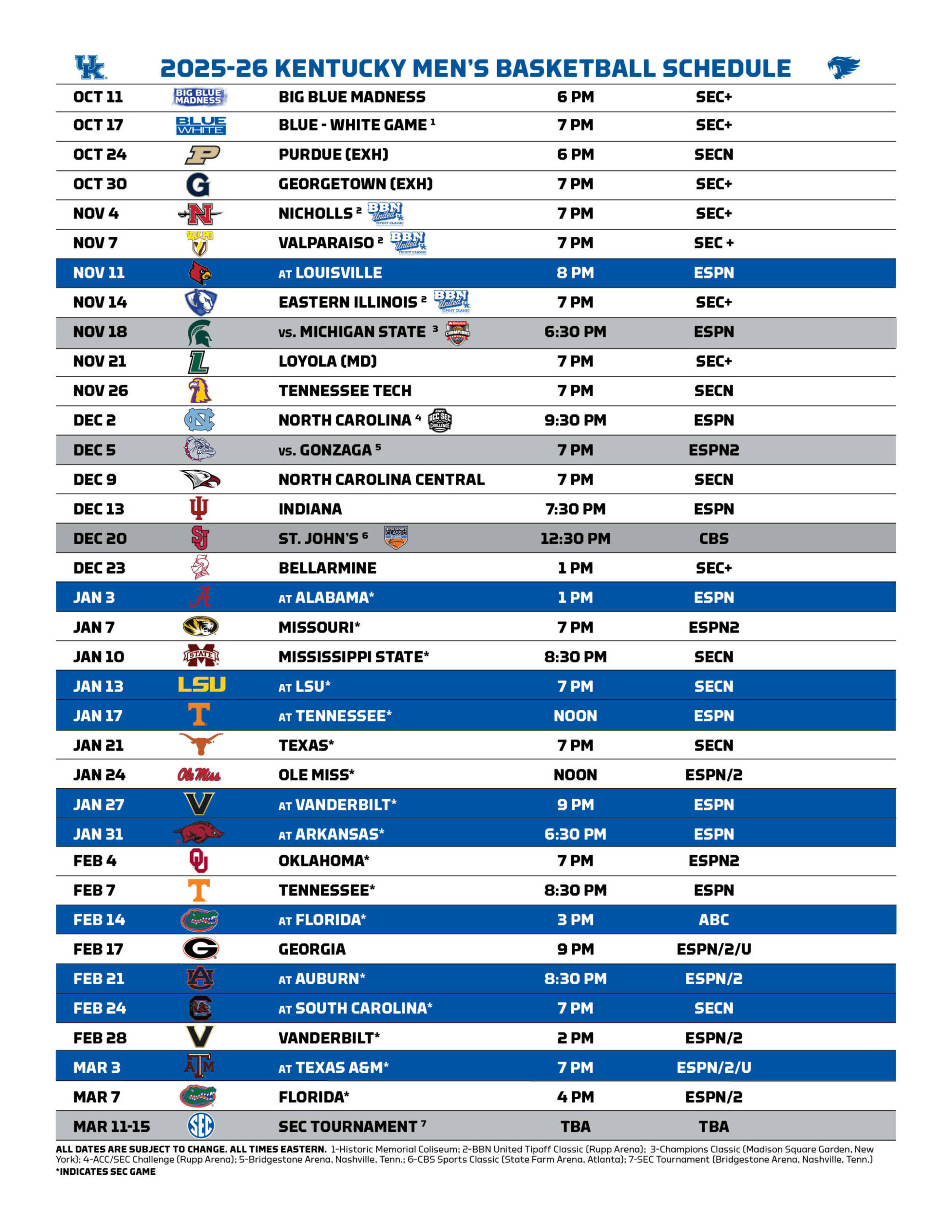 Men'S Basketball Announces 2025-26 Finalized Schedule within Printable Kentucky Men'S Basketball Schedule