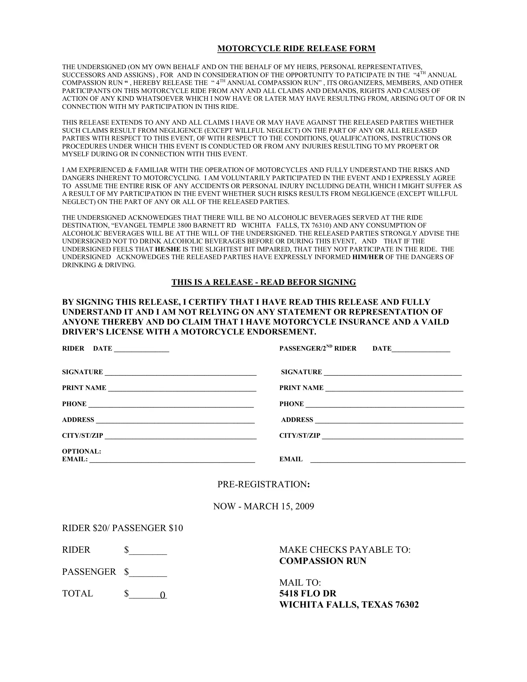Motorcycle Charity Form ≡ Fill Out Printable Pdf Forms Online in Printable Generic Motorcycle Ride Waiver Form