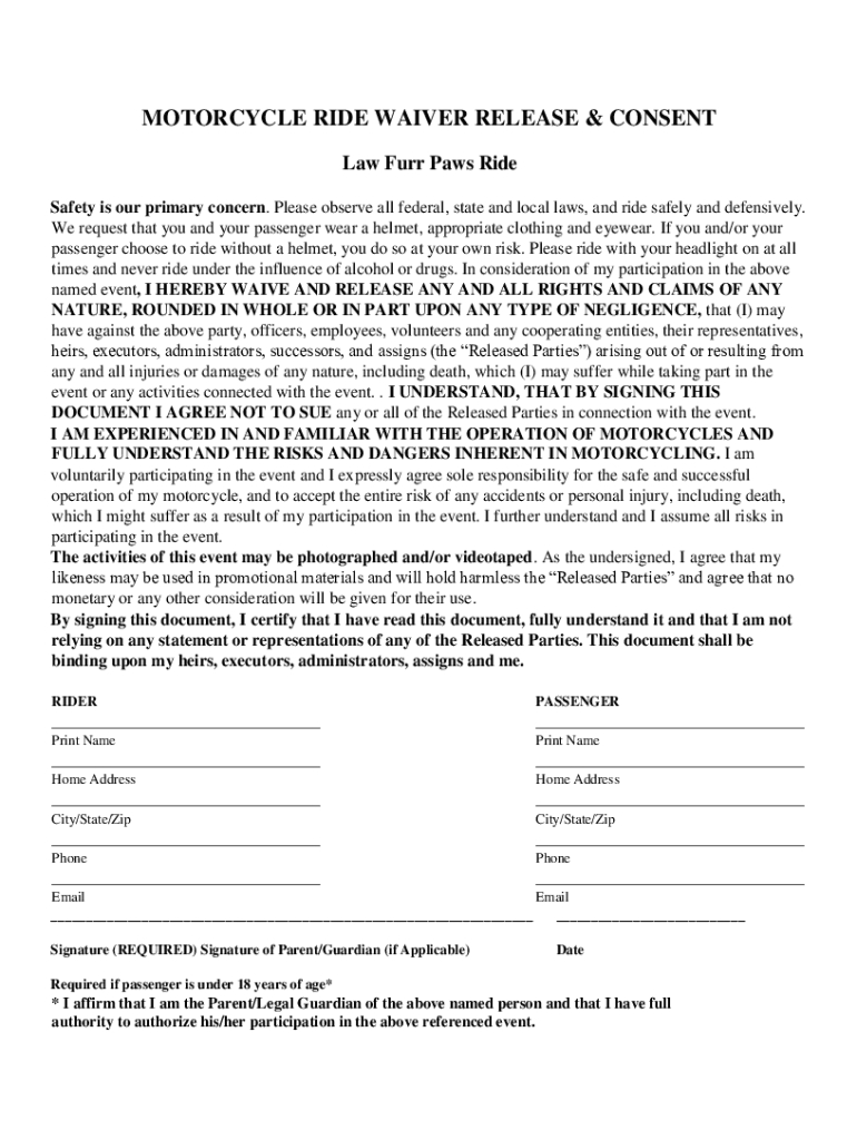Motorcycle Ride Waiver Release Doc: Fill Out & Sign Online | Dochub within Printable Generic Motorcycle Ride Waiver Form