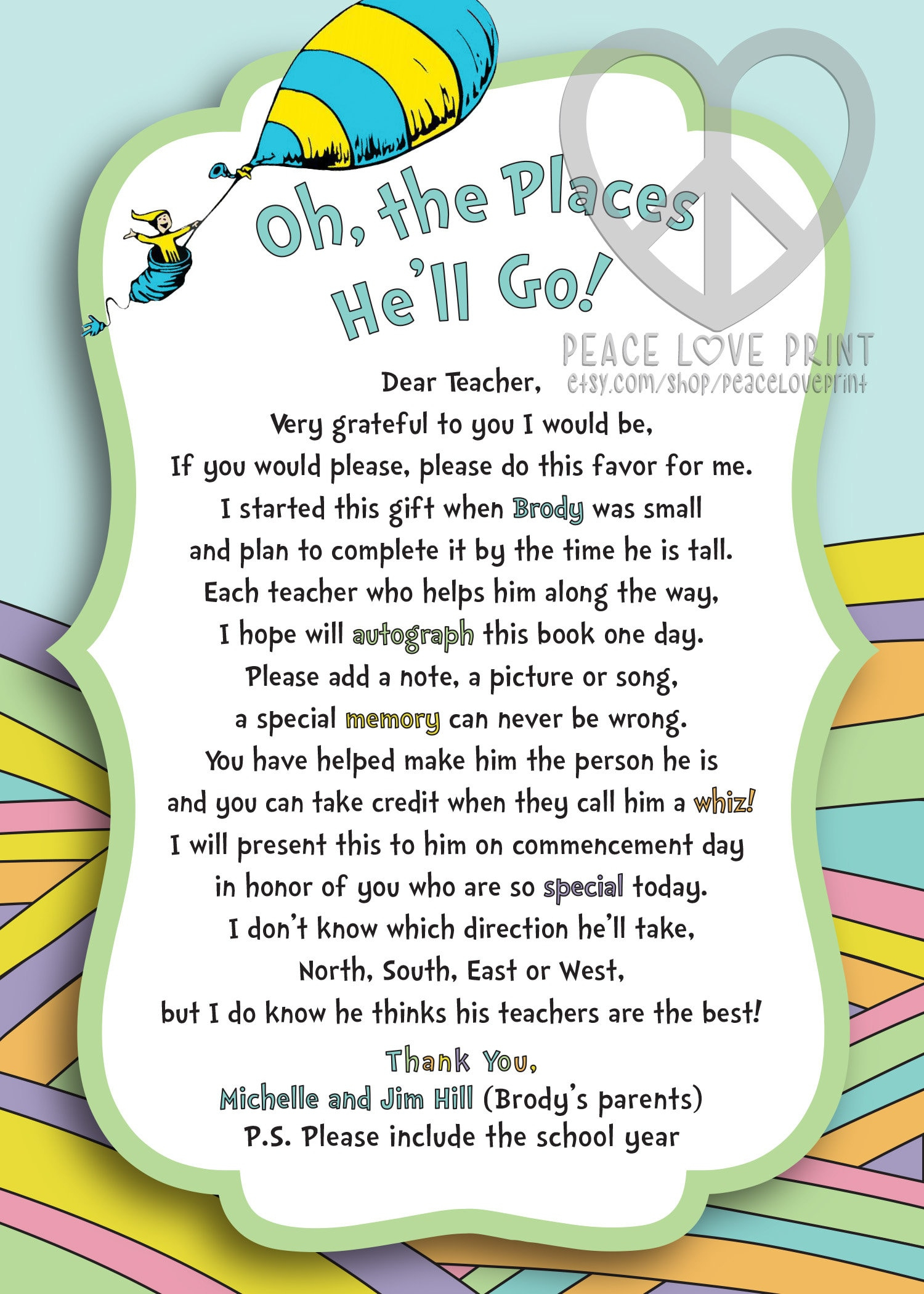 Oh The Places You'Ll Go Instruction Card For Teachers To Sign Book in Oh The Places You Ll Go Full Poem Printable