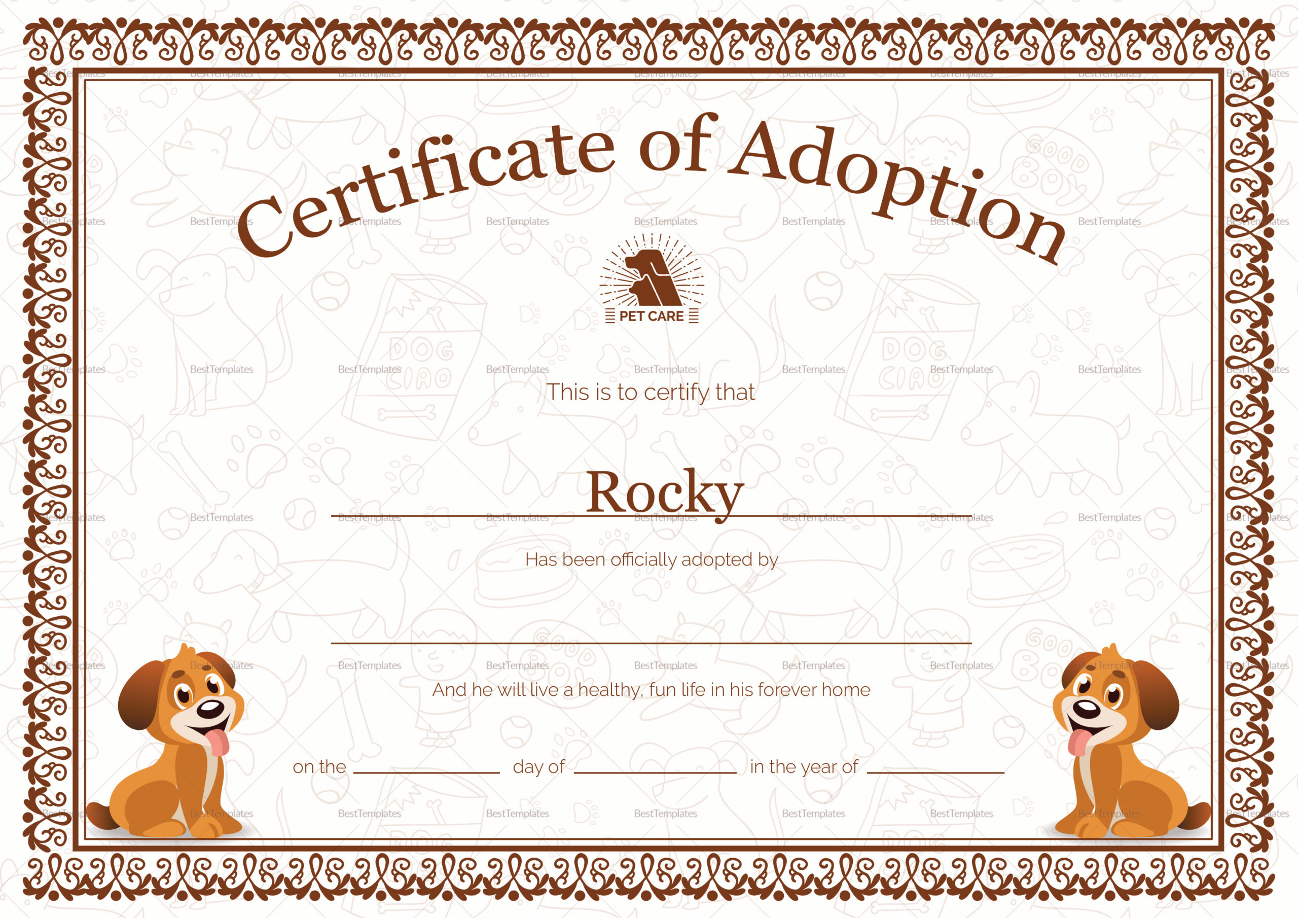 Pet Adoption Certificate Design Template In Psd, Word for Free Printable Pet Adoption Certificate
