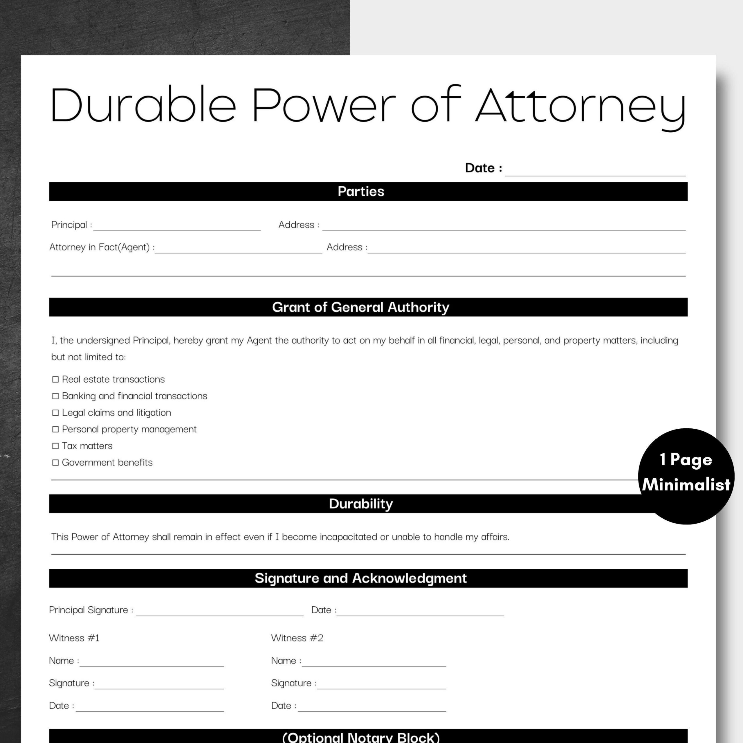 Poa Template - Etsy.de in Printable Durable Power Blank Power Of Attorney Form