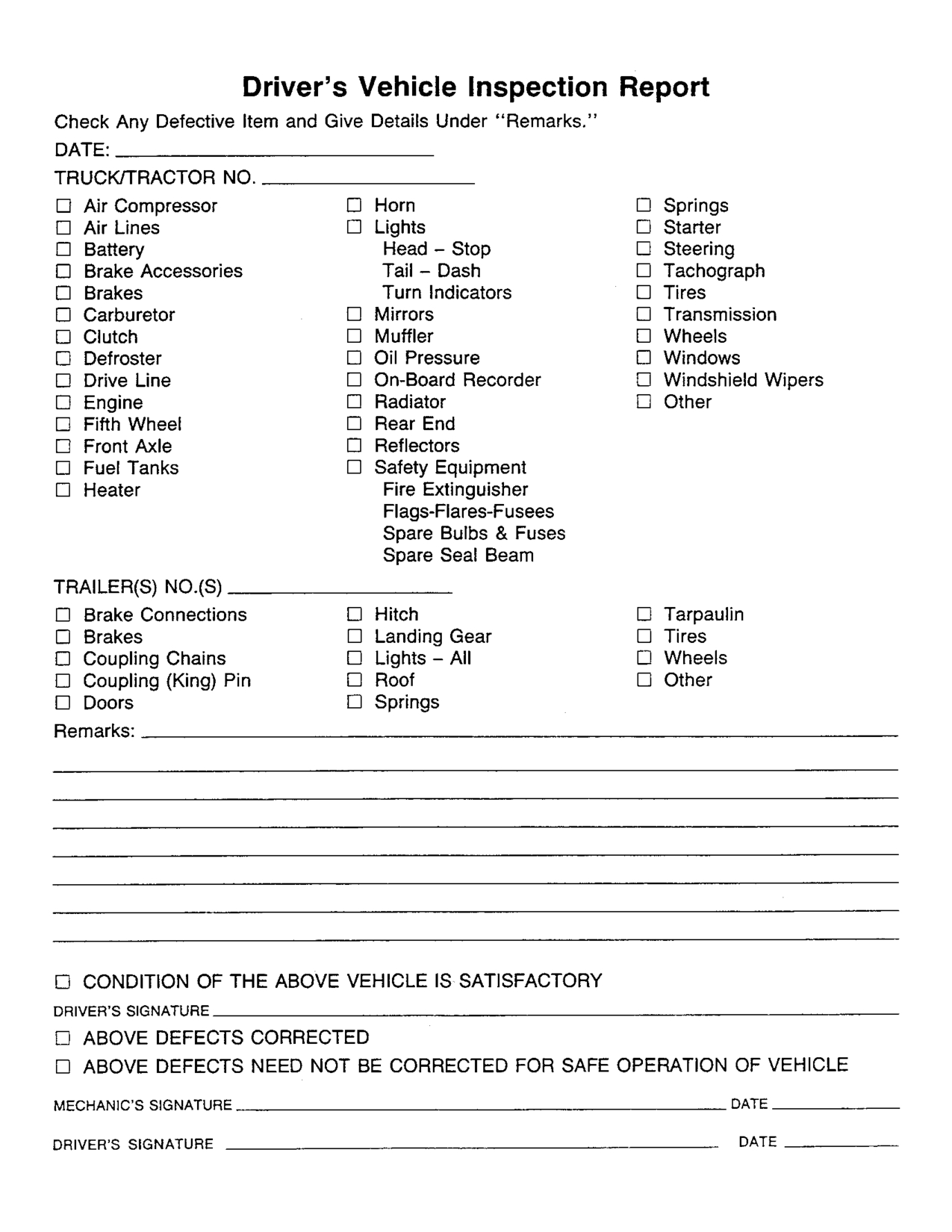 Pre Trip Inspection Simplified Driver'S Vehicle Inspection Report inside Free Printable Driver Vehicle Inspection Report Form