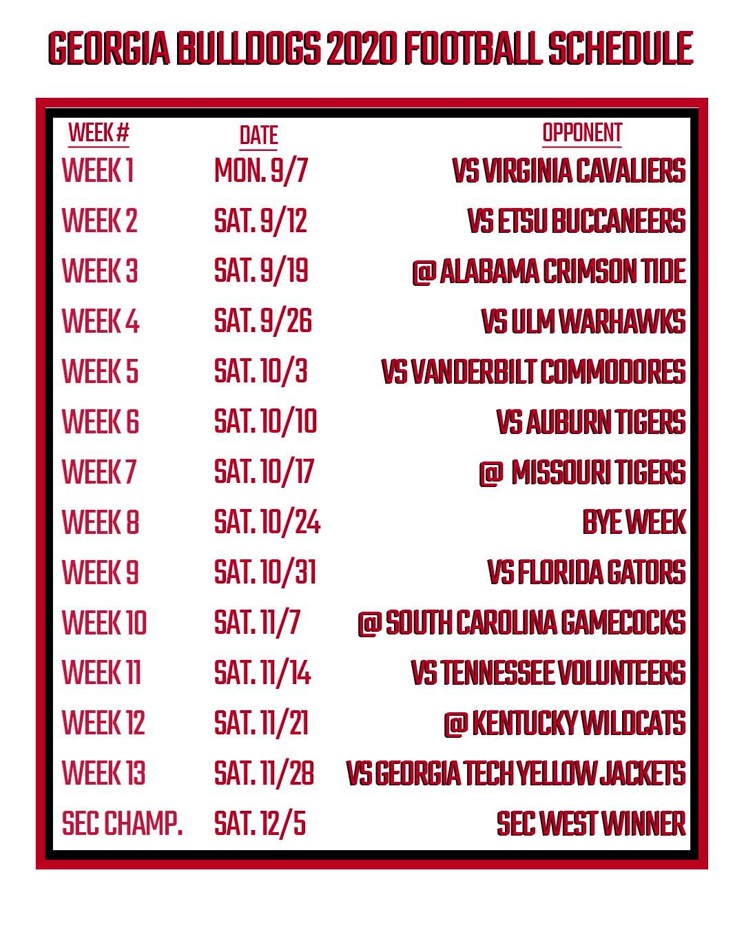 Printable Georgia Football Schedule 2020 | Fanduel Research in Georgia Bulldogs Printable Football Schedule