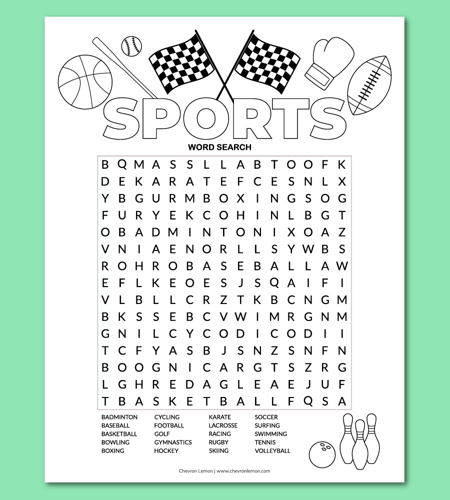 Printable Sports Word Search Puzzle - Chevron Lemon in Word Search Puzzles Sports Printable