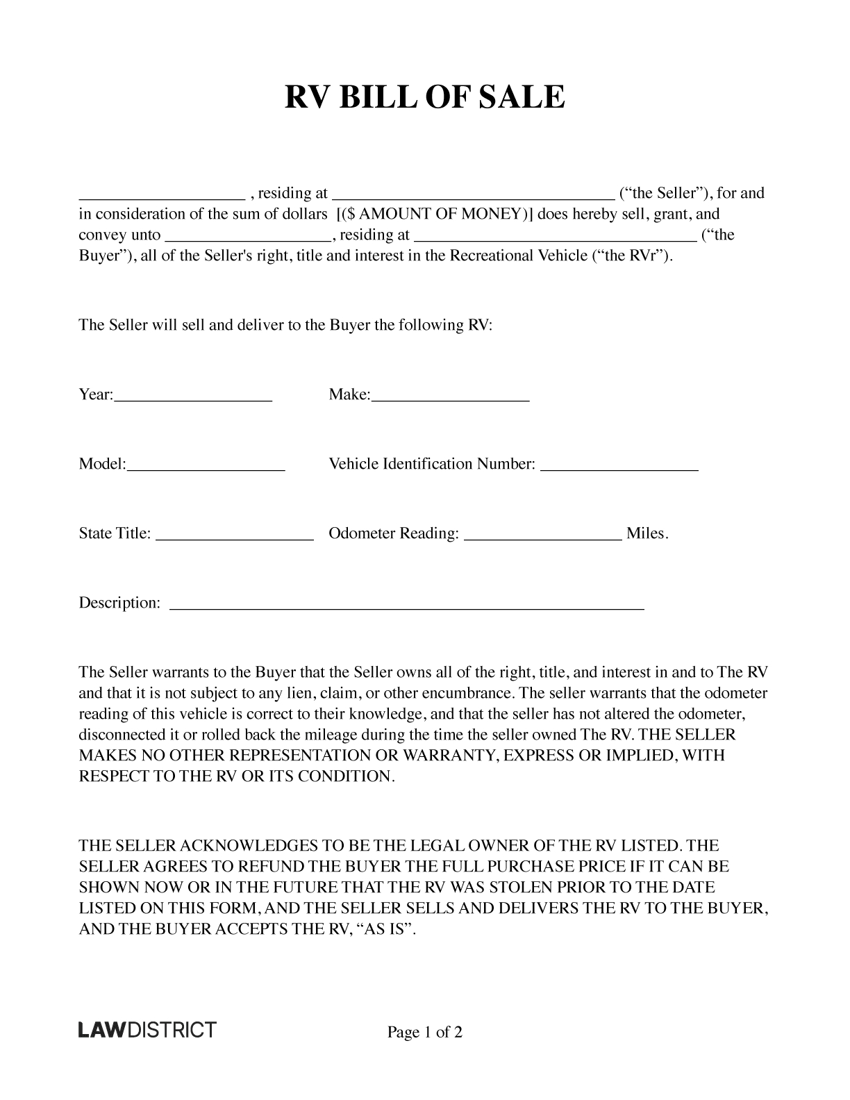 Recreational Vehicle (Rv) Bill Of Sale Form | Lawdistrict inside Rv Bill Of Sale Printable