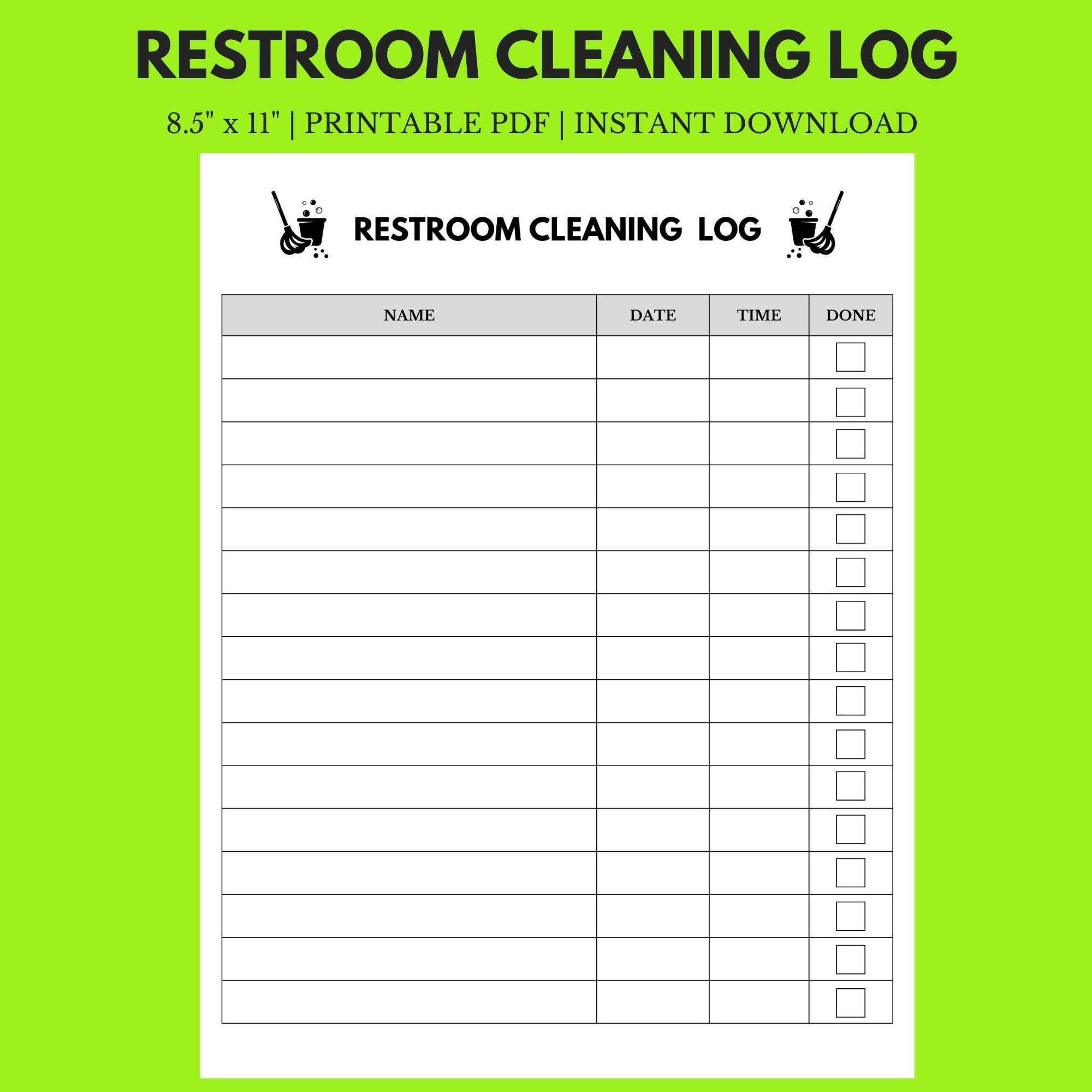 Restroom Cleaning Log | 8.5" X 11" Instant Download Printable in Free Printable Restroom Cleaning Log