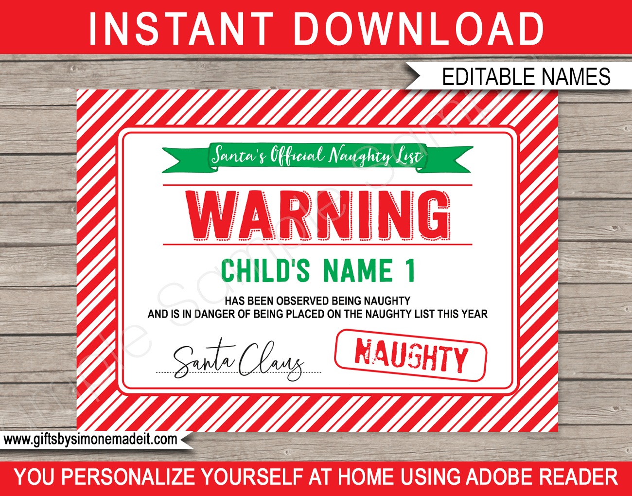 Santa'S Official Naughty List Warning Certificate - Red & Green in Warning Letter From Santa Free Printable