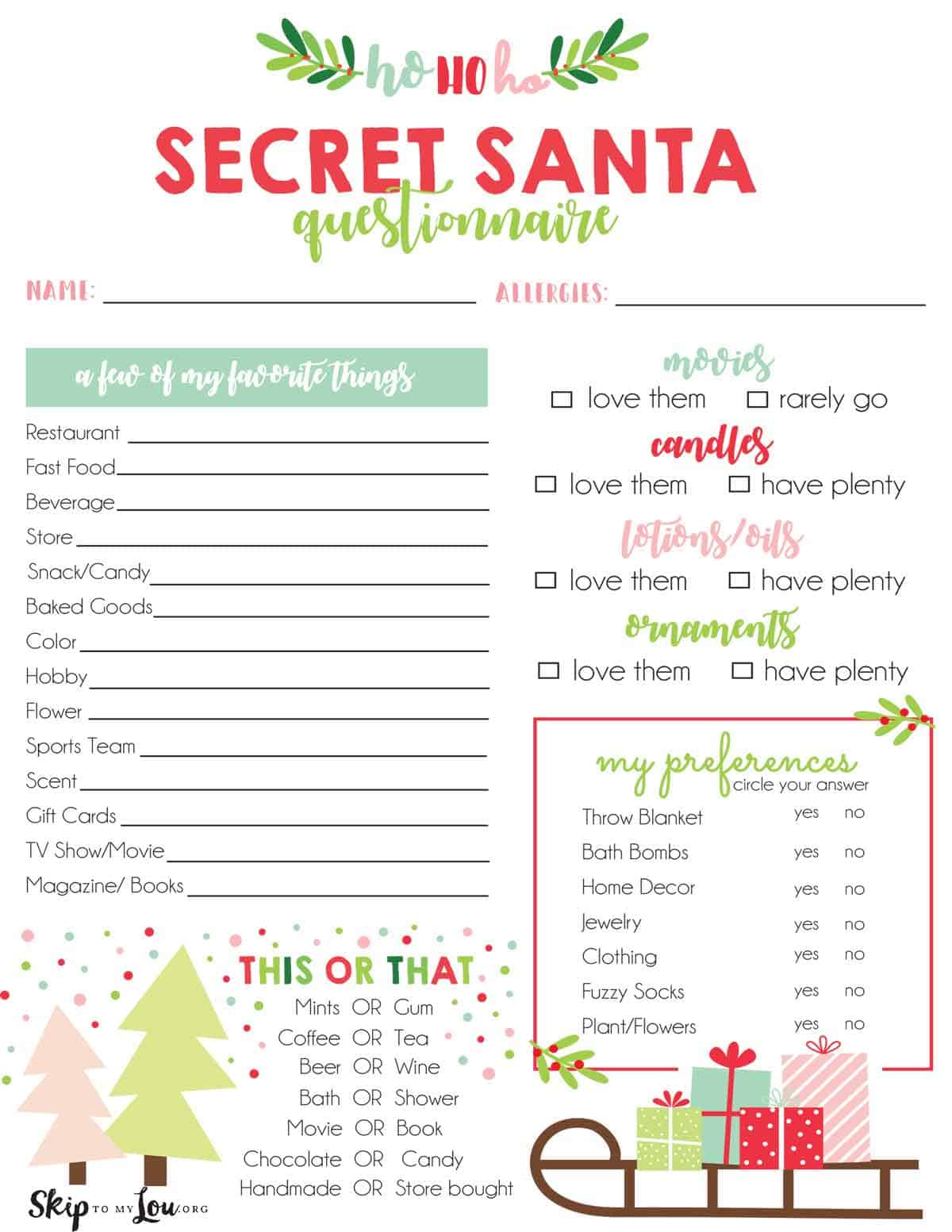 Secret Santa Questionnaire | Skip To My Lou with Free Secret Santa Questionnaire Printable