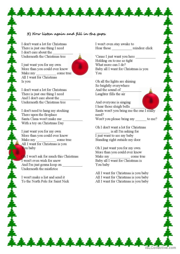 Song Activity - All I Want For Chris…: English Esl Worksheets Pdf regarding All I Want For Christmas Lyrics Printable
