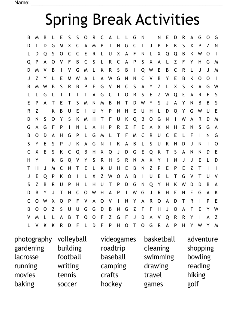 Spring Break Activities Word Search - Wordmint regarding Spring Break Word Search Free Printable