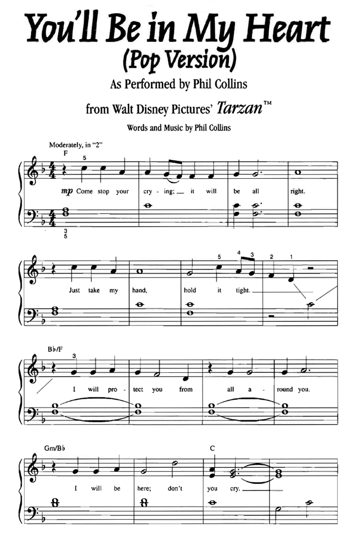 Tarzan You'Ll Be In My Heart Easy Piano Sheet Music | Easy Sheet Music throughout Free Printable Beginner Piano Sheet Music