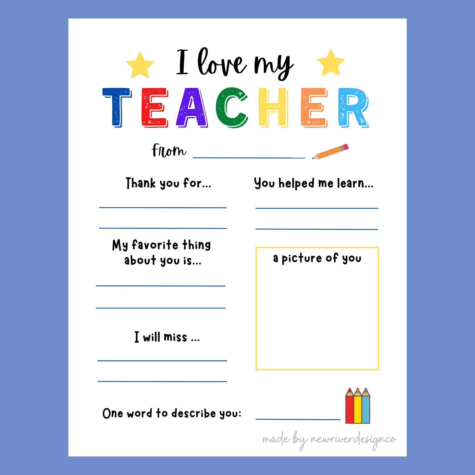 Teacher Thank You Questionnaire: End Of Year Gift (Digital) - Etsy inside Why I Love My Teacher Printable