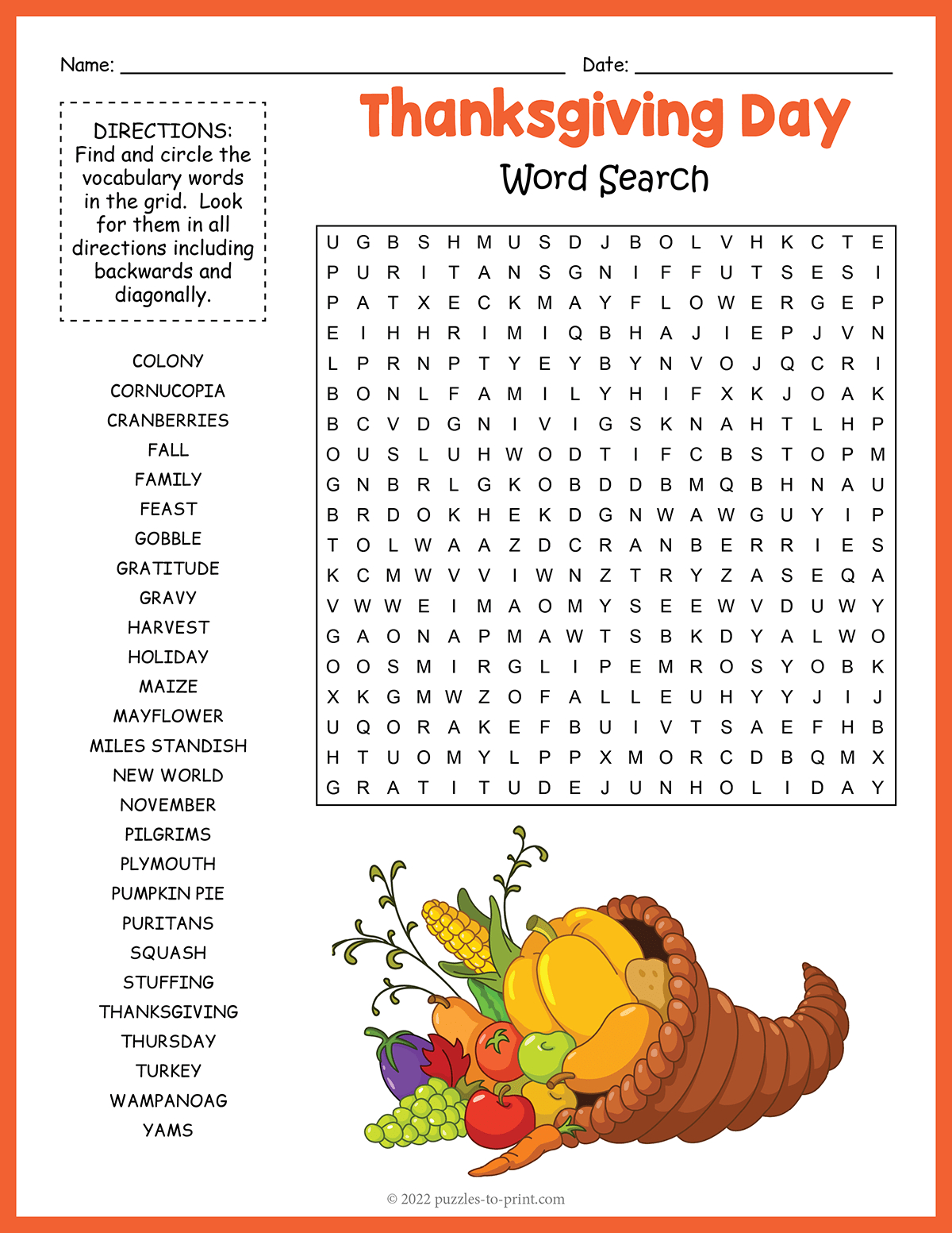 Thanksgiving Word Search pertaining to Free Word Search Printable
