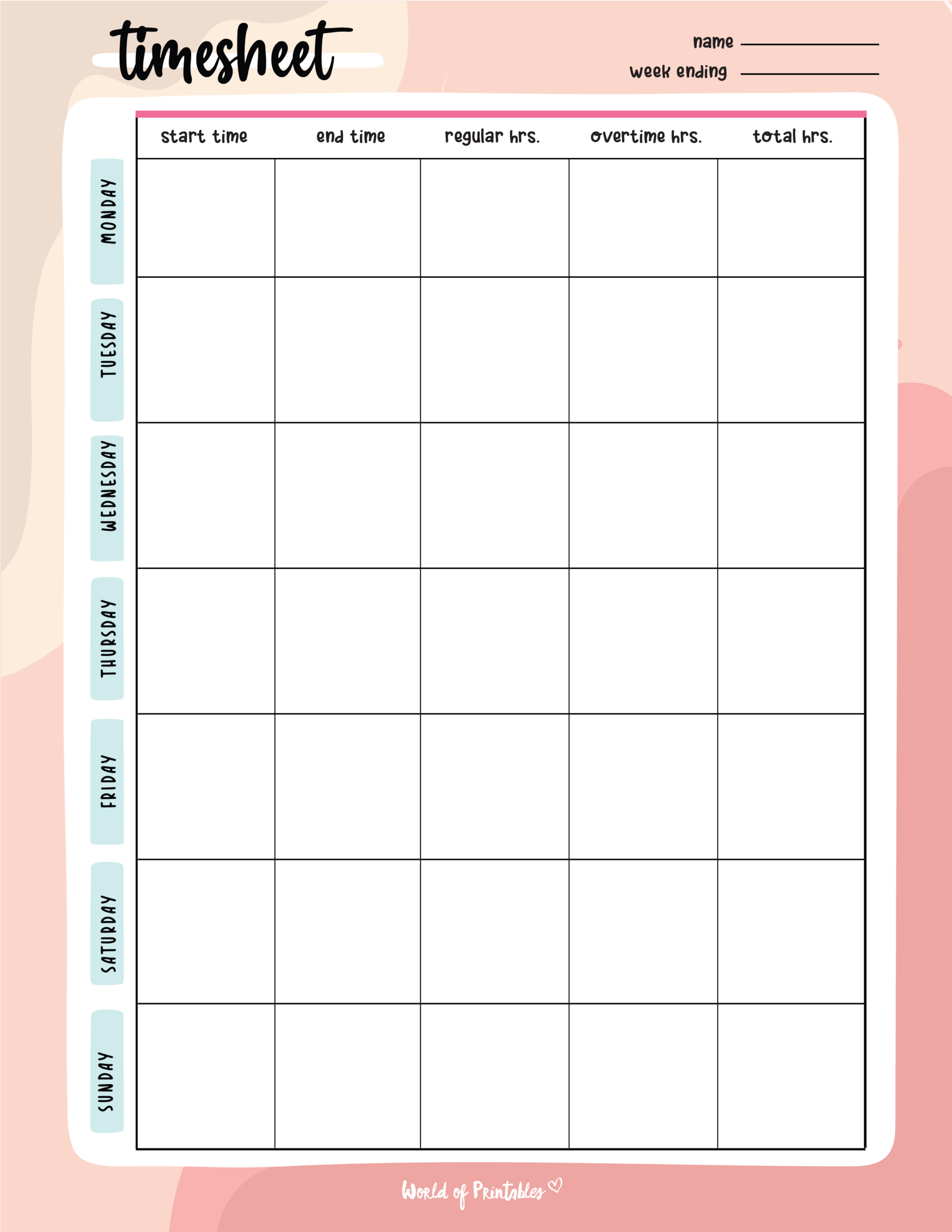 Timesheet Templates - World Of Printables pertaining to Weekly Timesheet Template Free Printable