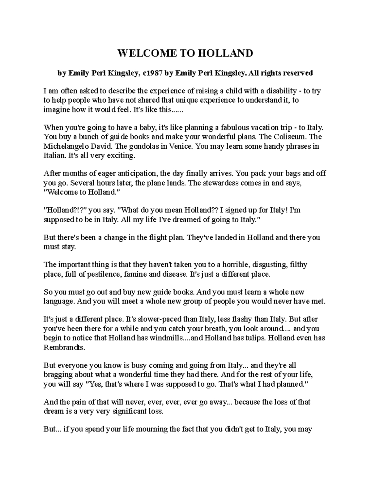 Understanding The Experience Of Disability Through "Welcome To in Welcome To Holland Poem Printable