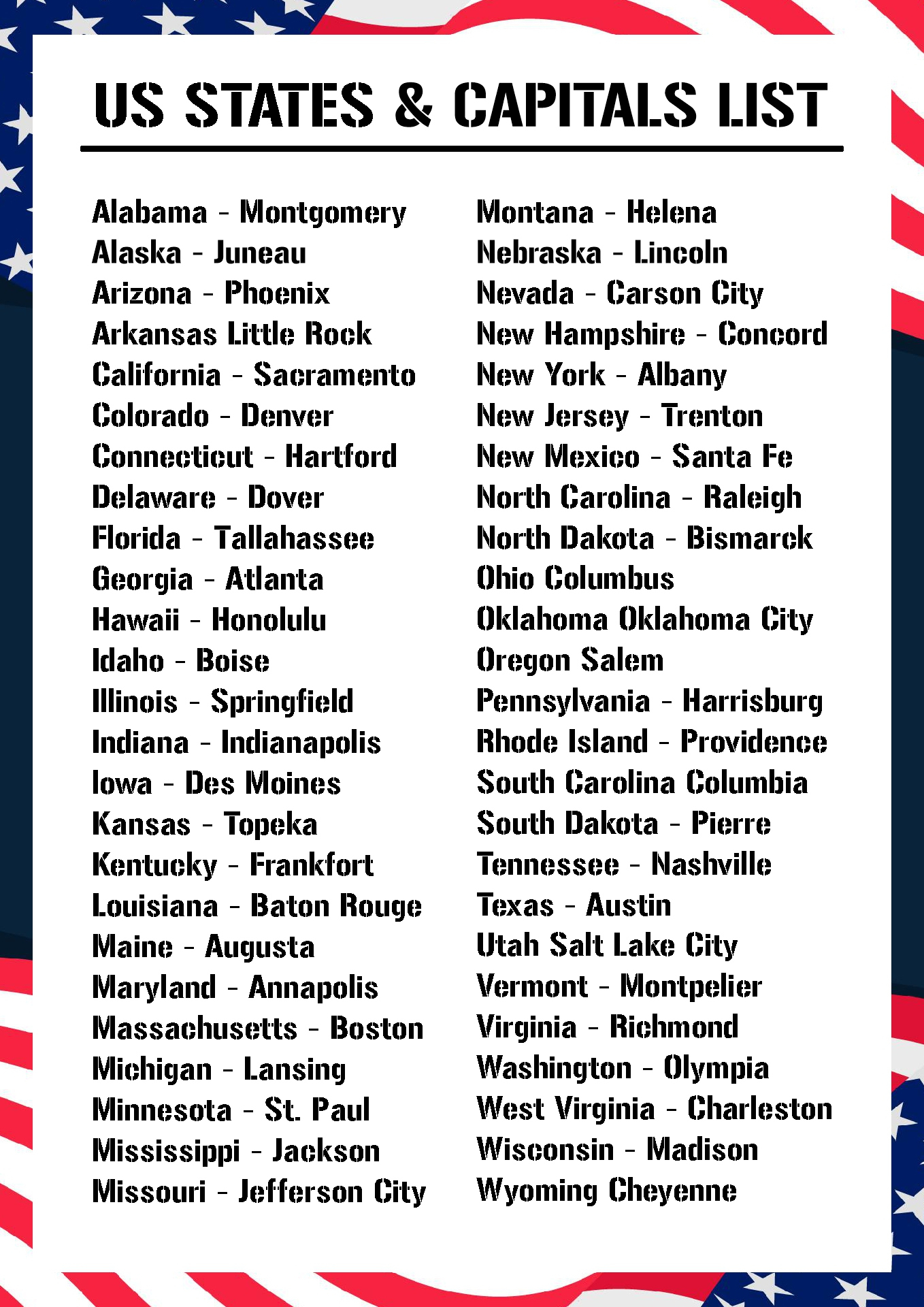 Us State Capitals List - 11 Free Pdf Printables | Printablee for Us States And Capitals List Printable