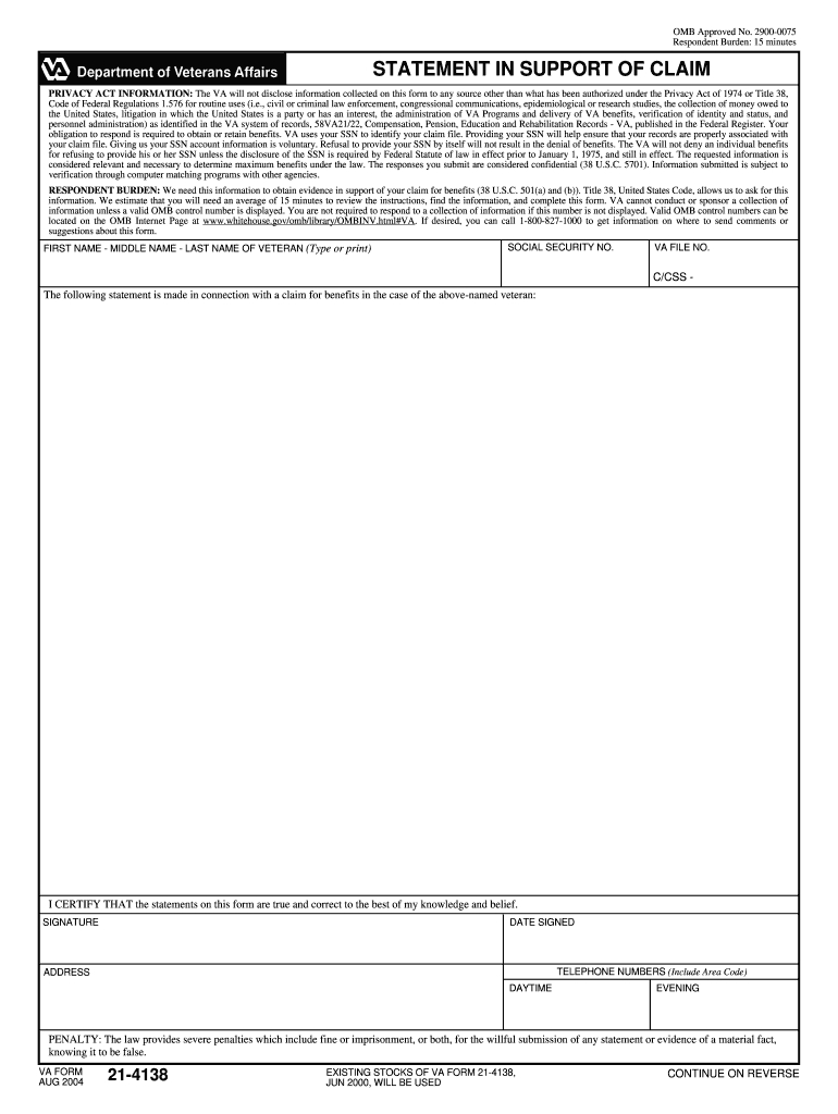 Va Form 21 4138 Aug 2004: Fill Out & Sign Online | Dochub inside Va Form 21 4138 Printable