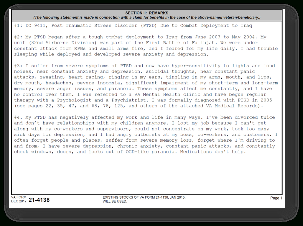 Va Statement In Support Of Claim Example (4-Step Process) pertaining to Va Form 21 4138 Printable