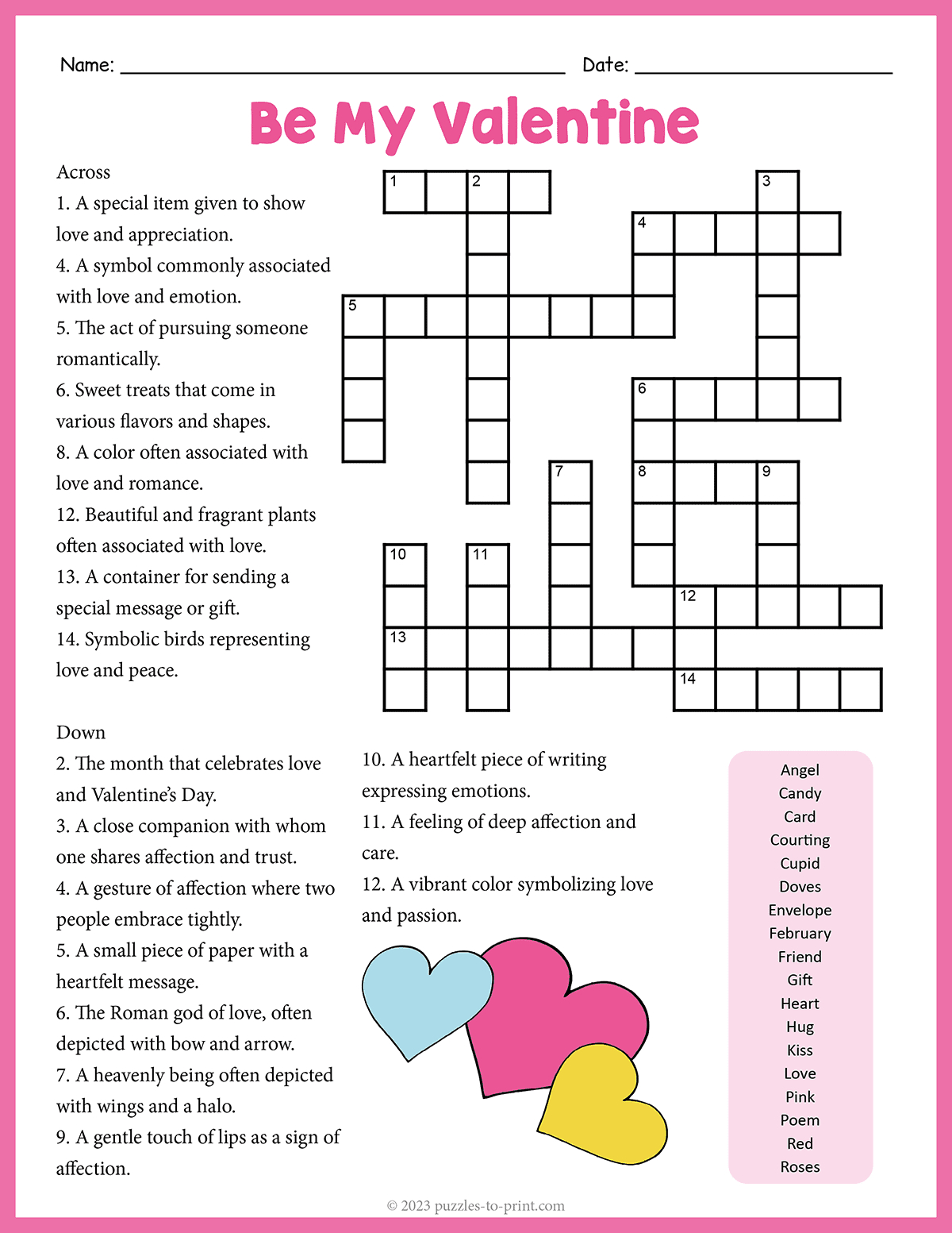 Valentine'S Day Crossword intended for Valentine'S Day Crossword Puzzle Free Printable